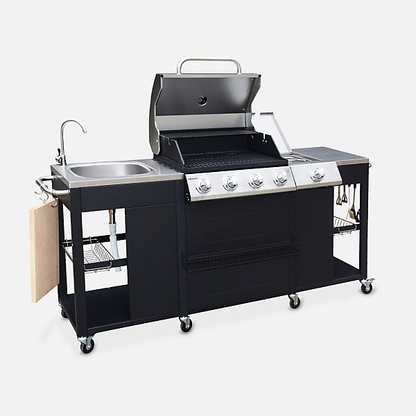 Barbecue. cuisine extérieure gaz - D'Artagnan - Barbecue 5 brûleurs dont 1 feu latéral. inox et noir. évier. planche à découper