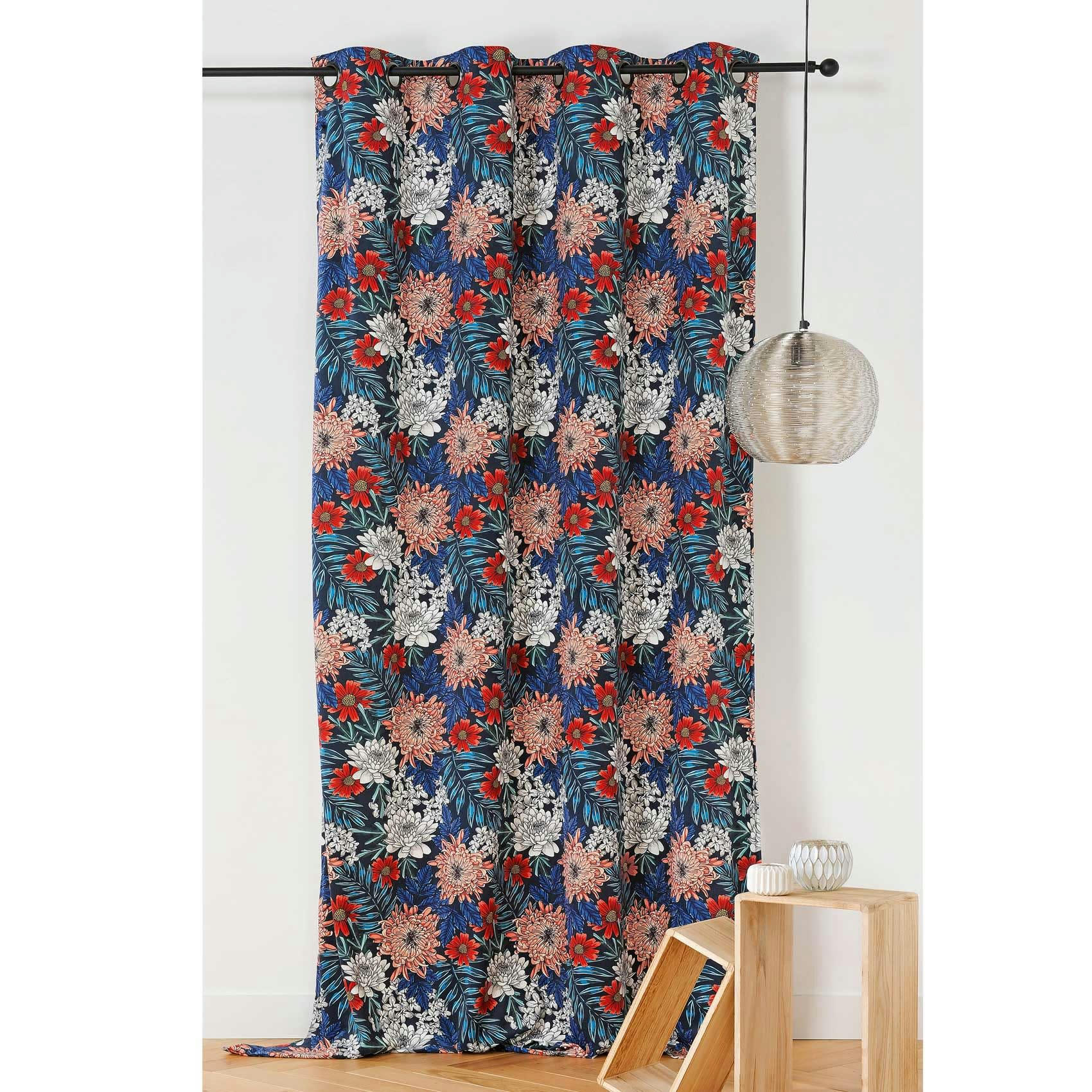 - Voilage tamisant imprimé et fleuri polyester bleu 140x280 cm