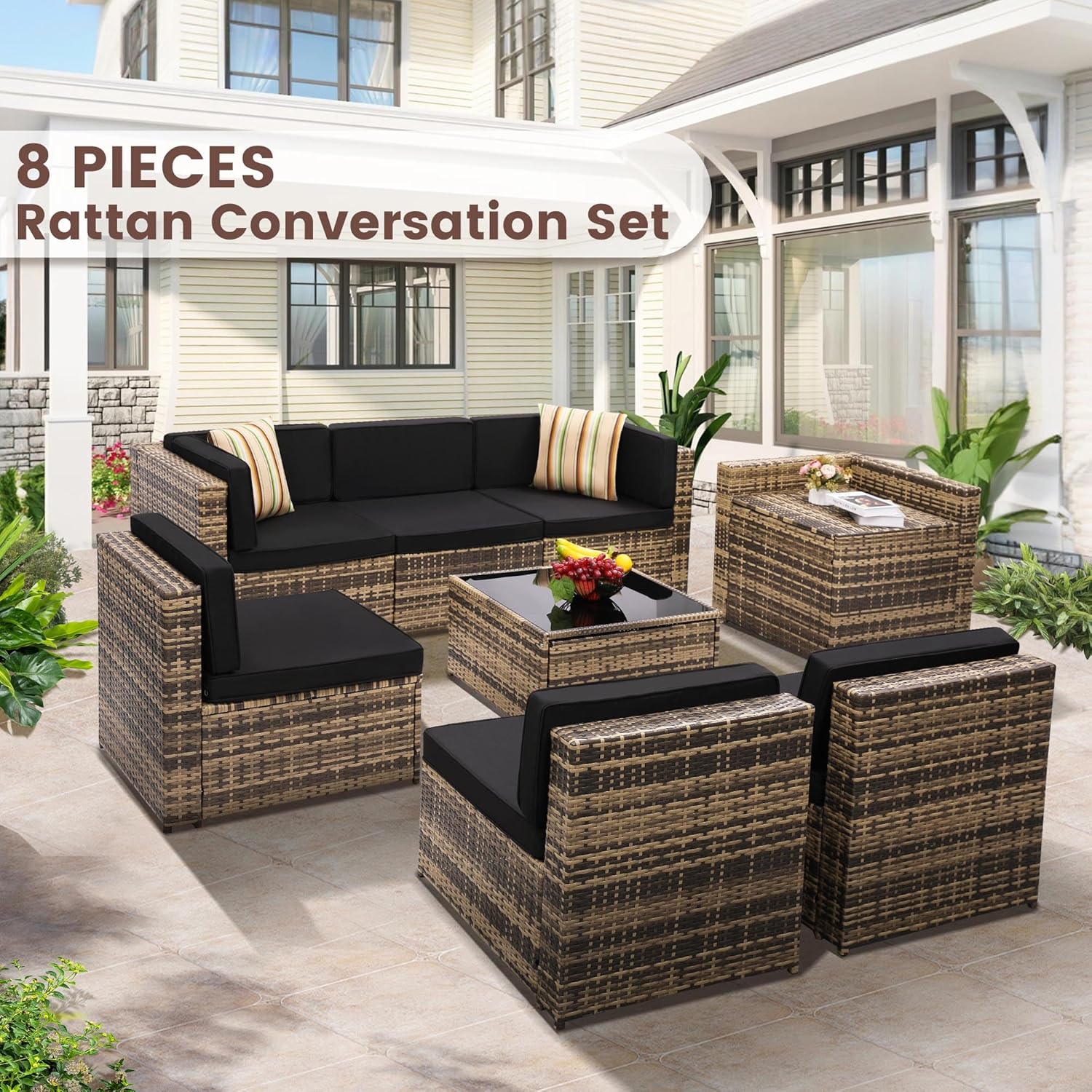 8-Piece Patio Furniture Set  Outdoor Wicker Rattan Sectional with Thick Cushions  Glass Top Table with Hidden Storage  Outdoor Conversation Set for Backyard  Porch  Patio  Black