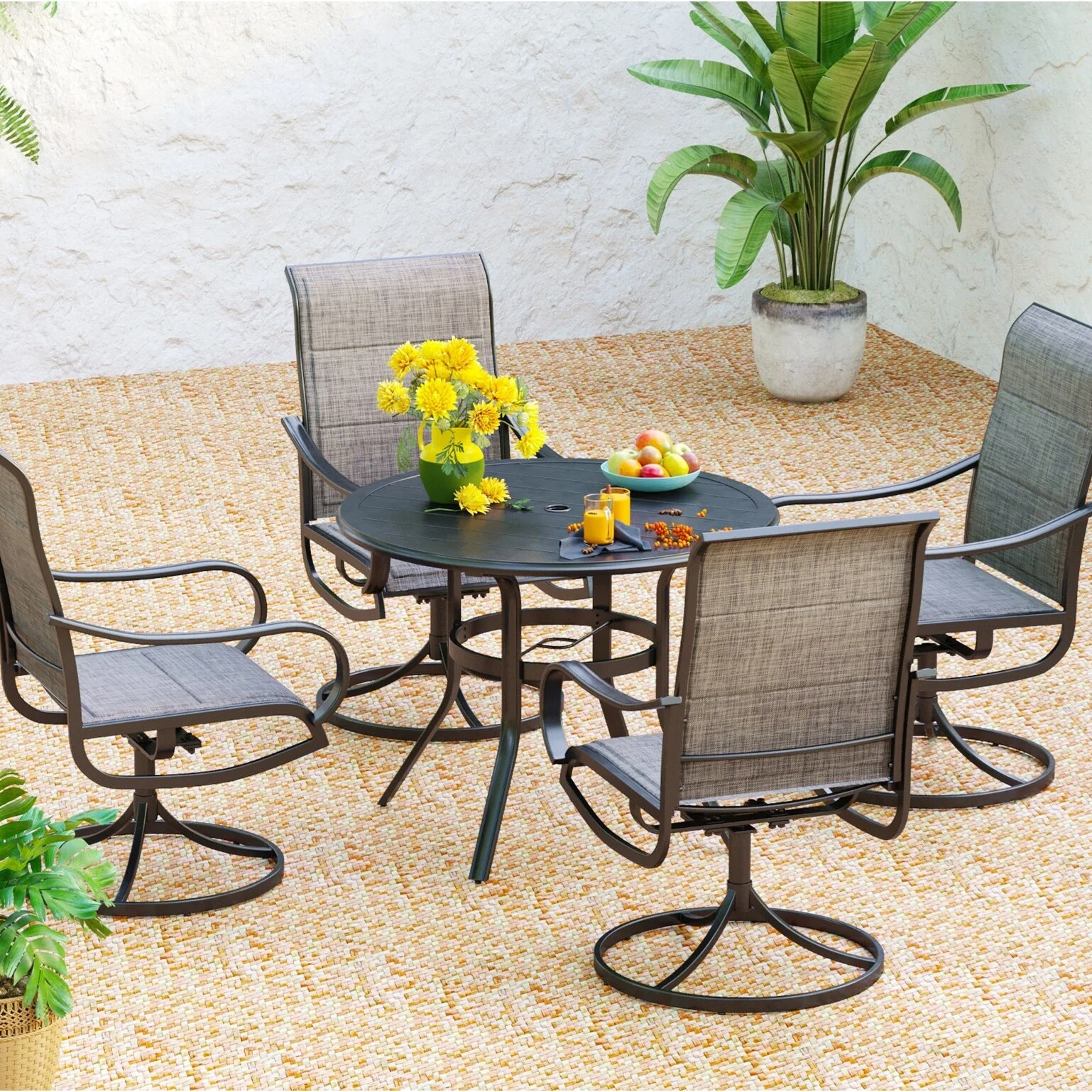 MAISON ARTS 5-piece Patio Dining Set , 4 Patio Swivel Dining Chairs, 1 Round 37.8 Metal Table with Umbrella Hole