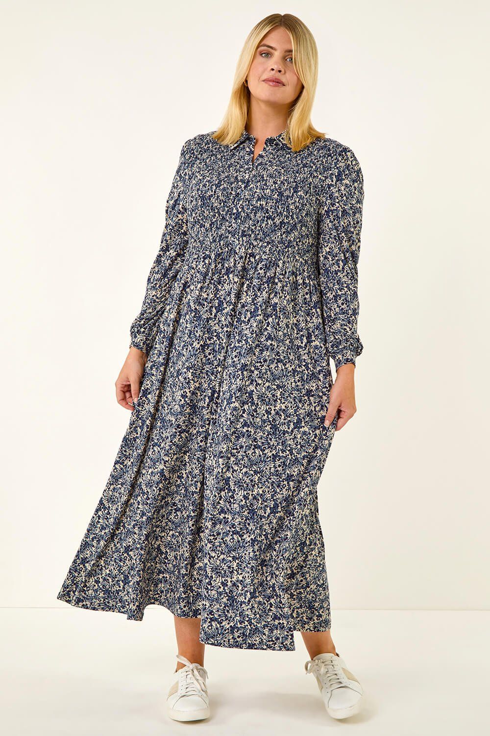 Roman Curve Abstract Print Shirred Midi Dress