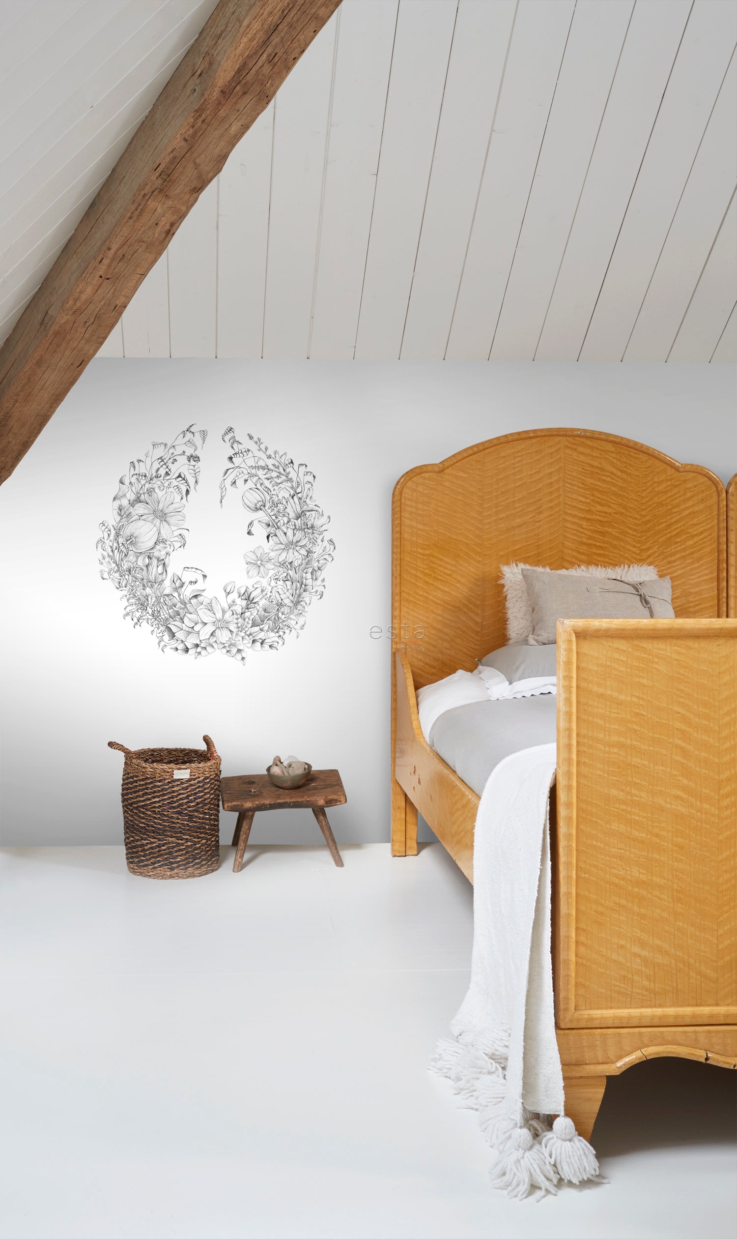 ESTAhome zelfklevende behangcirkel bloemtekeningen zwart wit - Ø 70 cm - 159108