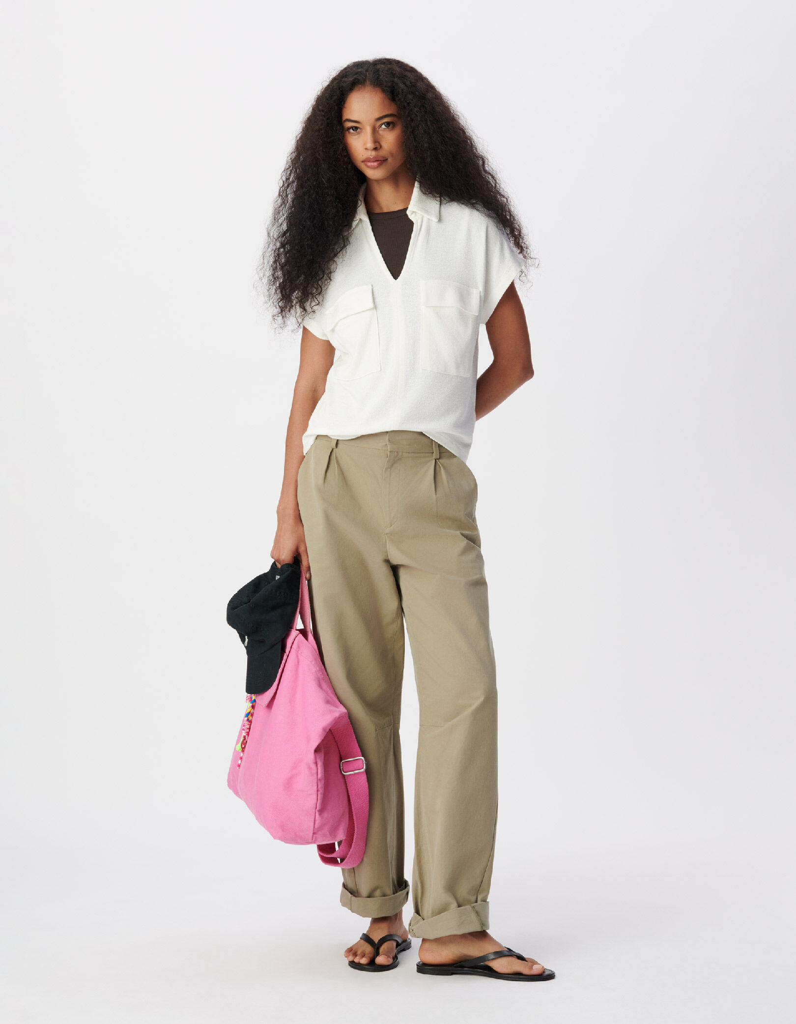 Tee-shirt col polo blanc éponge poches plaquées Femme