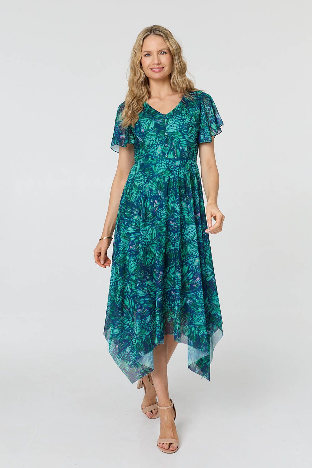 Izabel London Printed Semi Sheer Hanky Hem Midi Dress