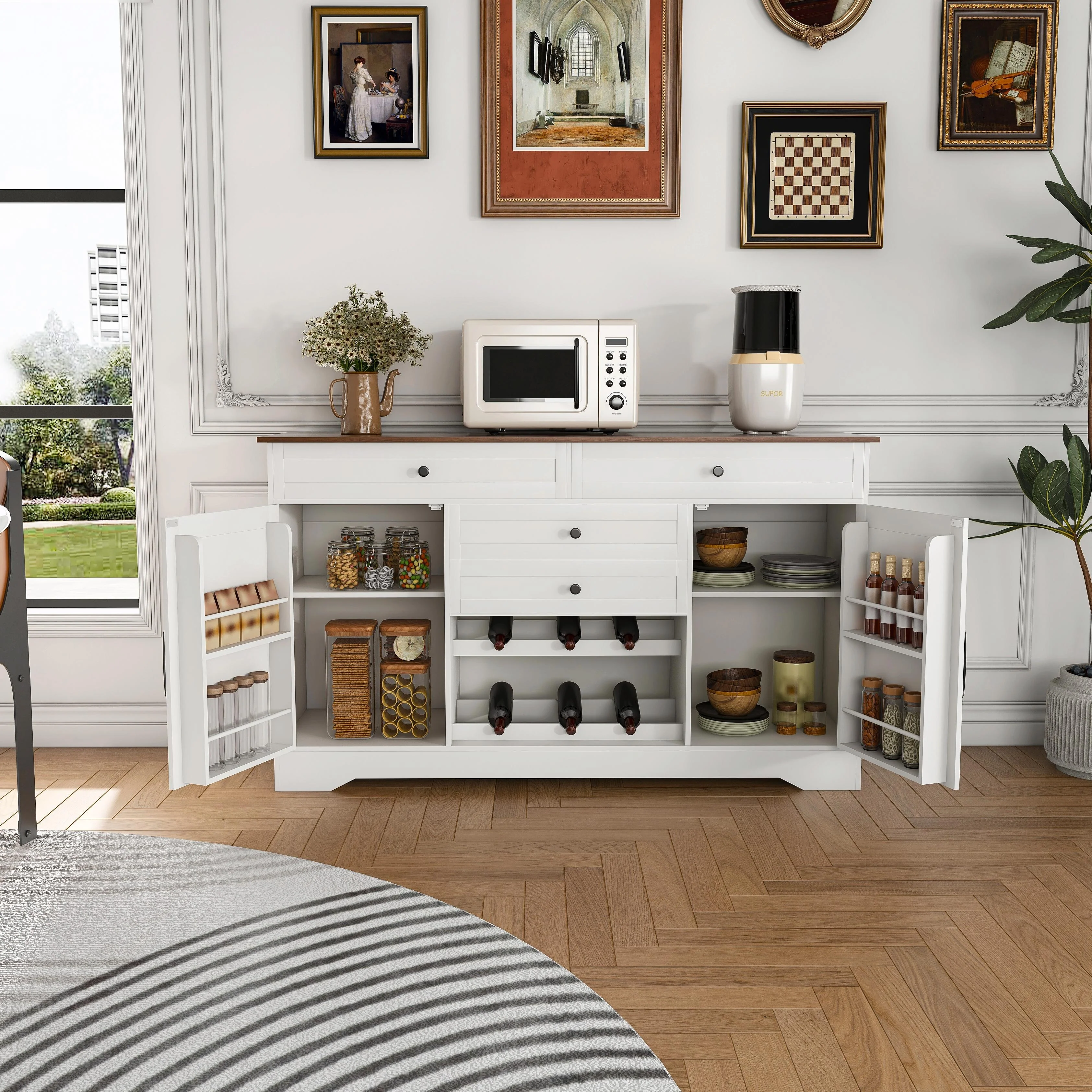 Farmhouse Buffet Sideboard with Storage, Drawers & Wine Rack
