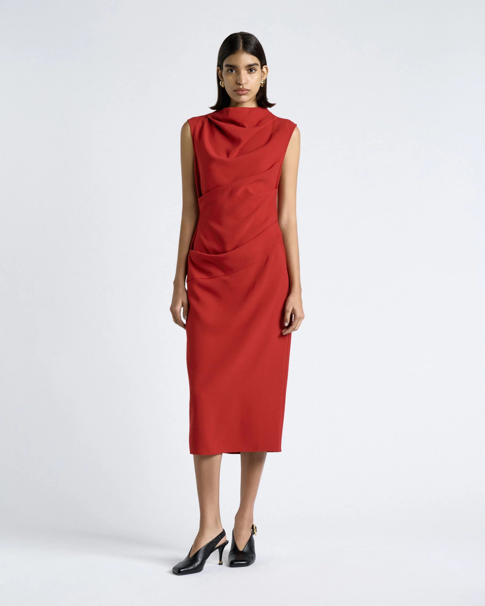 Cherry Crepe Draped Midi Dress