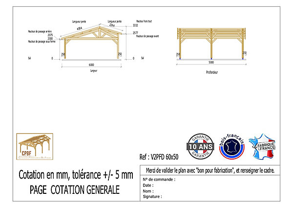 Carport 2 pentes faitage décalé, 600cm x 500cm,Pin DOUGLAS Français(Charpente en bois-auvent-abri voiture)30 m².Garantie 10 ans