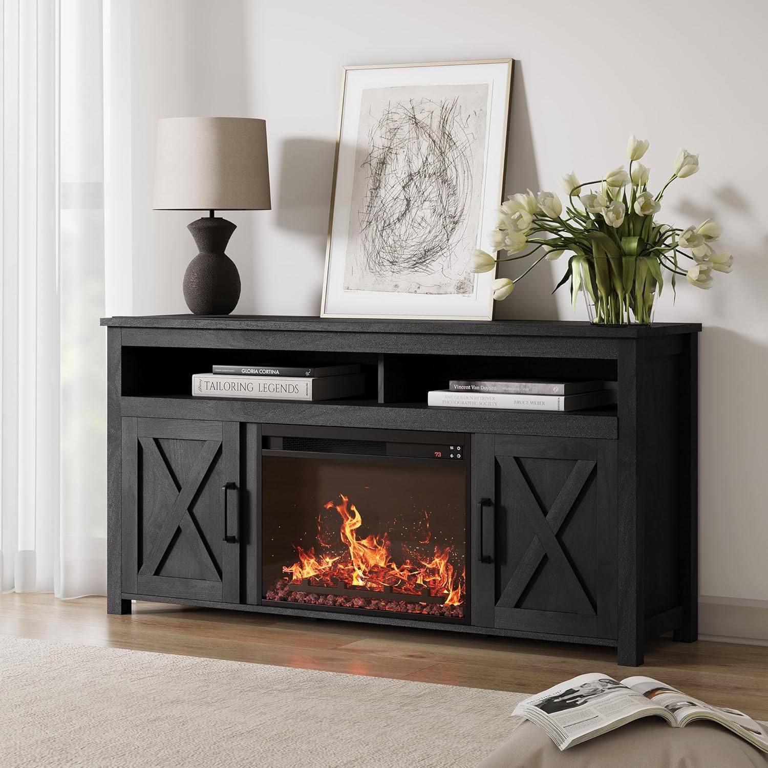 BELLEZE 58 Farmhouse Fireplace TV Stand for TVs up to 65, 23 Electric Fireplace Heater with Sound, Entertainment Center Media Console Table Barn Door Storage Cabinets for Living Room - Rustic Grey