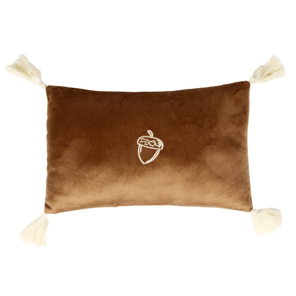 Coussin rectangulaire marron 4 pompons 1 motif nature 20x30cm (2 modèles)