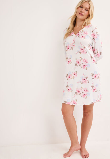 Womens Cream Floral Soft Touch Long Sleeve Nightdress