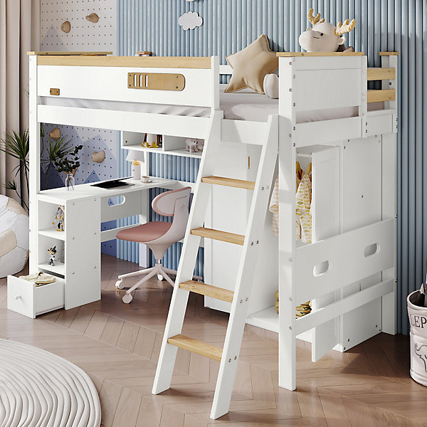 Lit superposé 90x200 cm avec bureau et armoire intégrés, échelle inclinée, pin/MDF