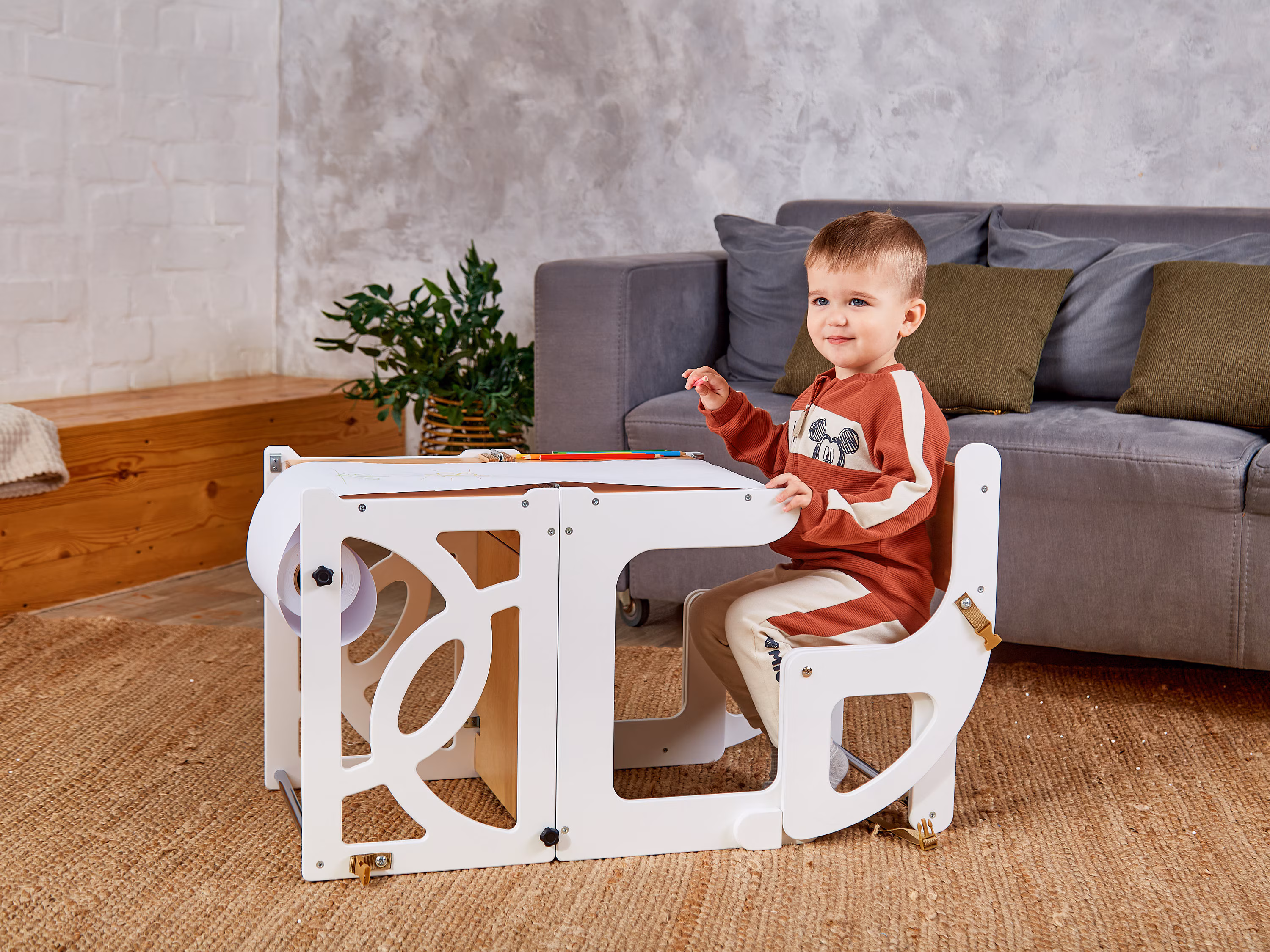 Toddler tower table with Seatback, Chalkboard, Safety Net, Slide and Paper roll - kitchen step stool for learning