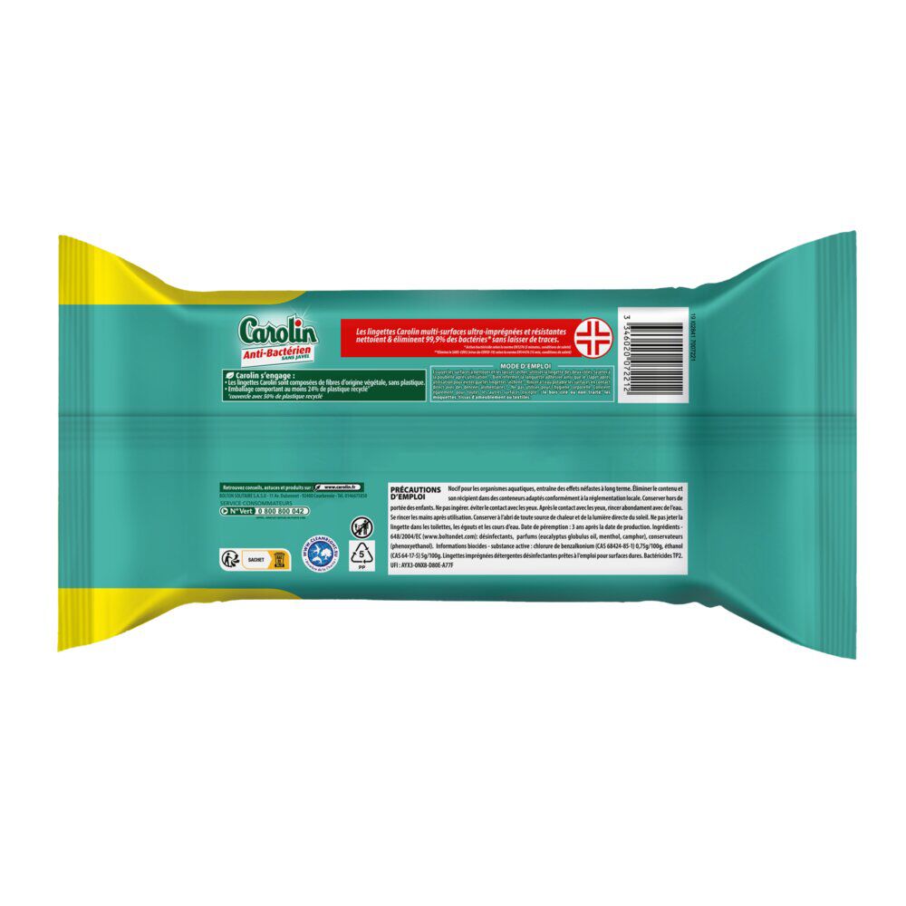 Lingettes multisurface x200 Carolin anti-bactérien sans javel maxi format