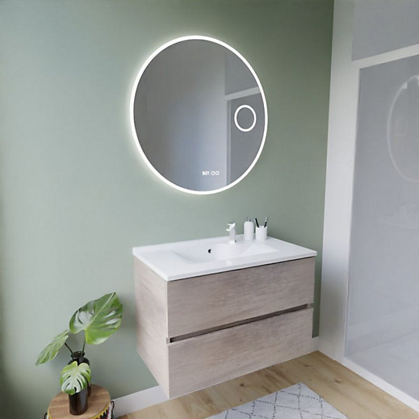 Meuble vasque ROSALY INOX 80 cm   miroir Rondinara- Bois- Plan vasque en Résine