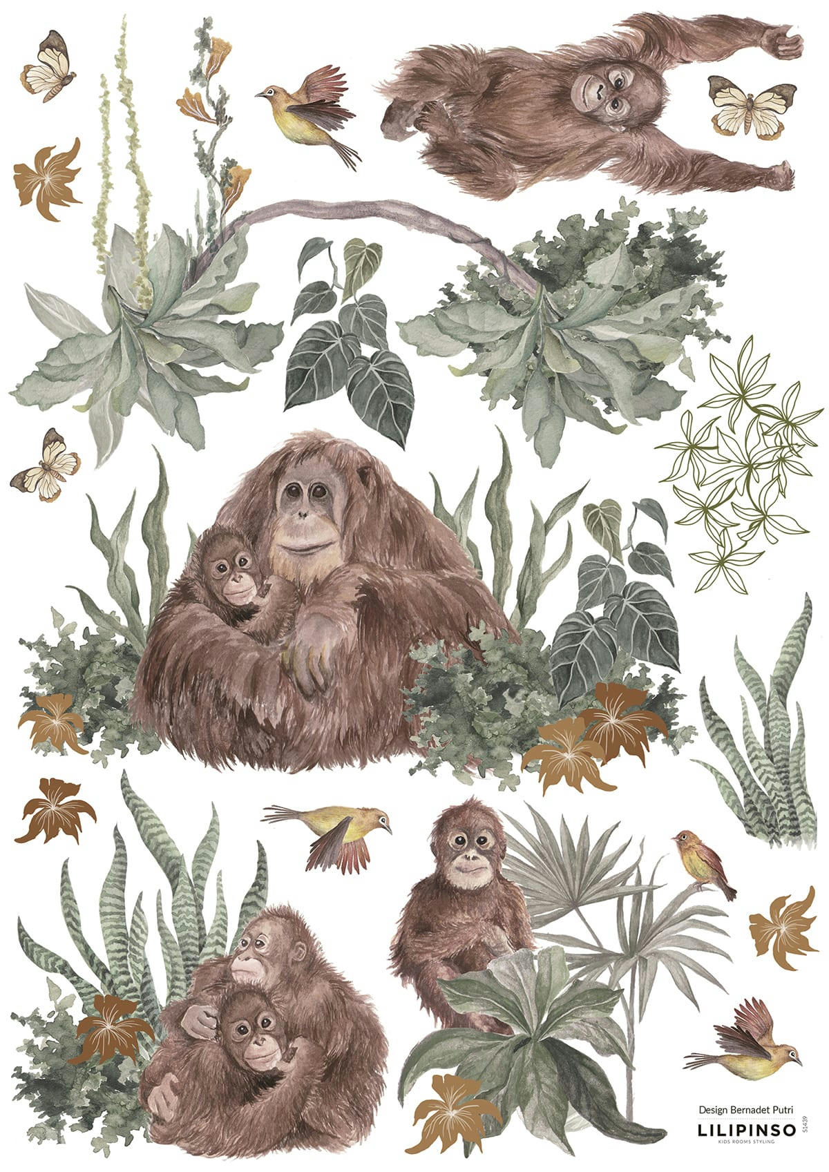 UTAN - Sticker singes, les orangs-outans en Vinyle Marron 29,7x42 cm