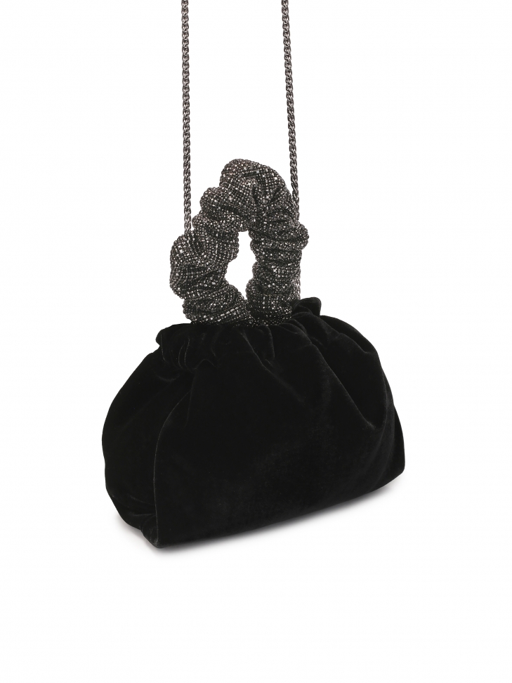 Black fabric handbag with decorated handle