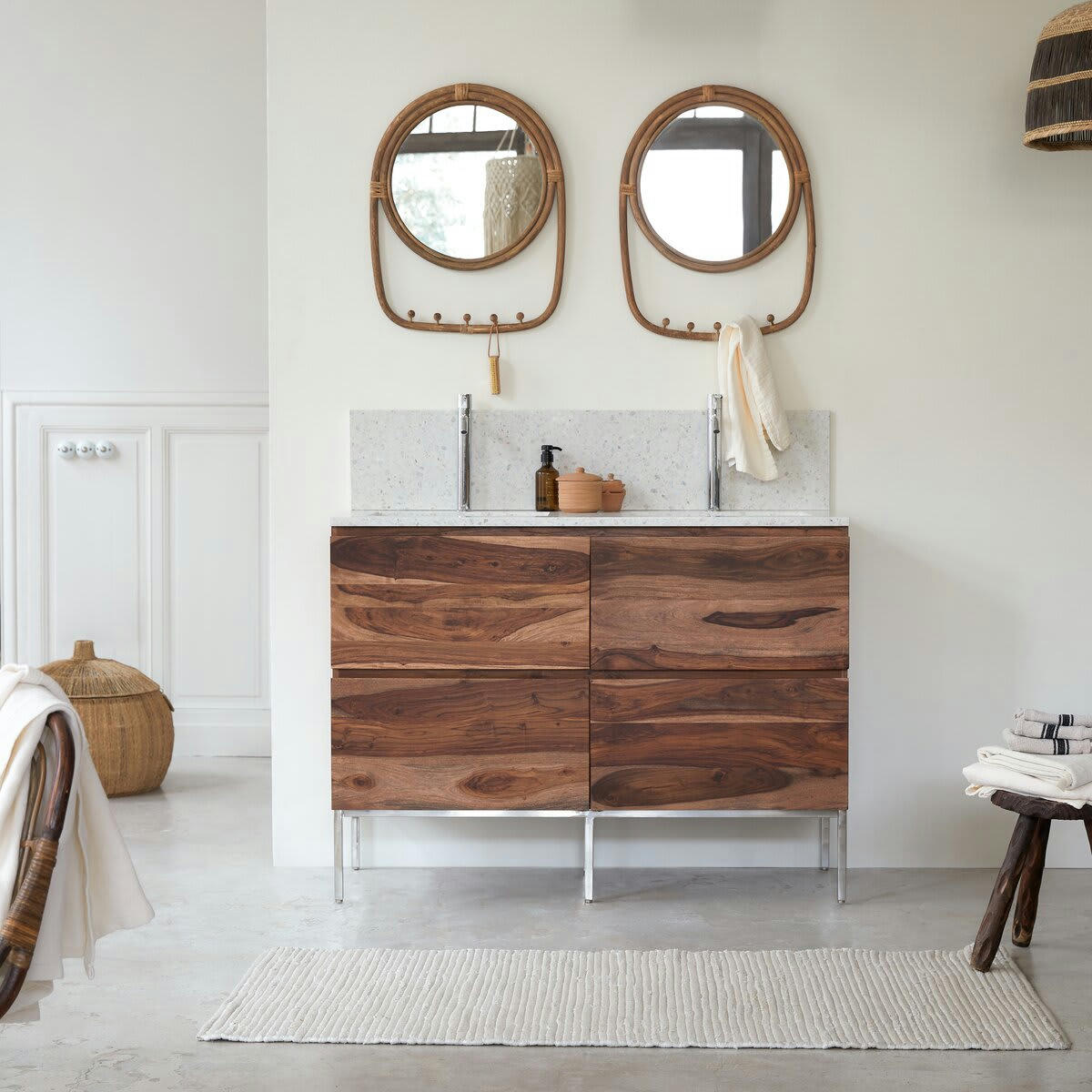 NOVA - Meuble Salle de Bain en palissandre massif et terrazzo Moon 120
