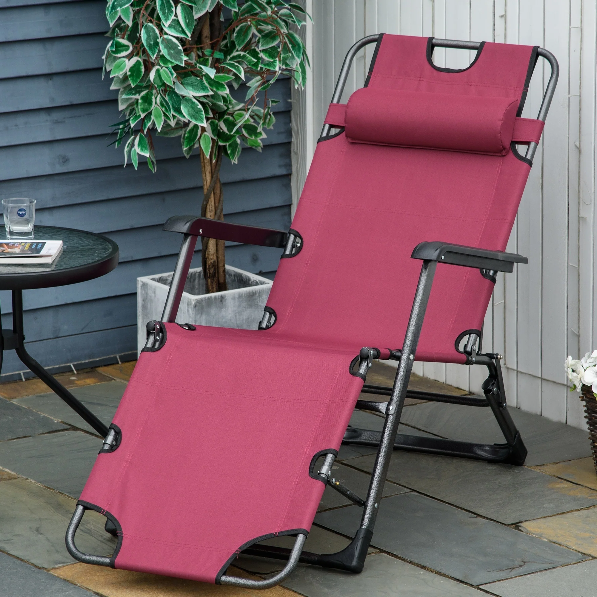 Folding Outdoor Chaise Lounger with Adjustable Backrest, Headrest and Pocket for Patio Beach or Lawn