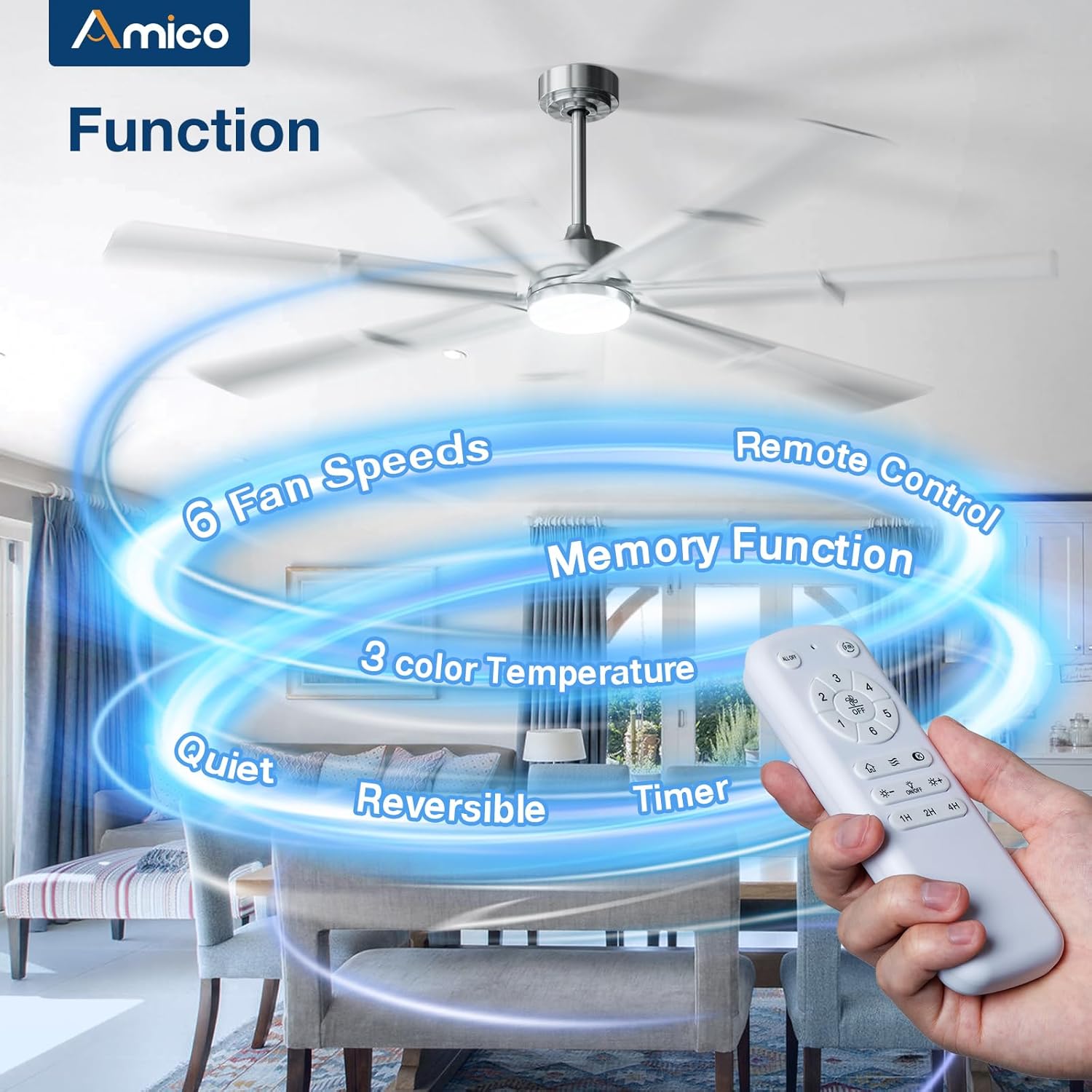 Amico Ceiling Fans with Lights,66 inch Nickel Ceiling fan with Light and Remote, 6 Speed Reversible DC Motor, 3CCT, Dimmable, Quiet, Timer, Outdoor Ceiling Fan with Light for Patios, Indoor/Outdoor