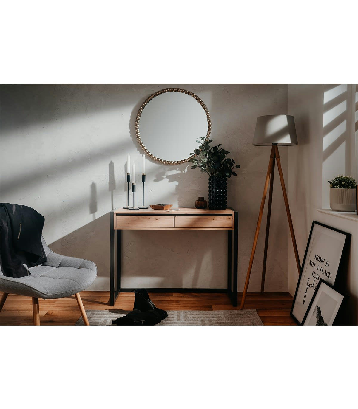 DENVER - Console Industrielle 2 tiroirs L100 cm - Décor Bois Clair