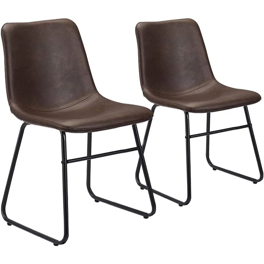 Faux Leather Armless Dining Chairs with Metal Base Set of 2, Brown