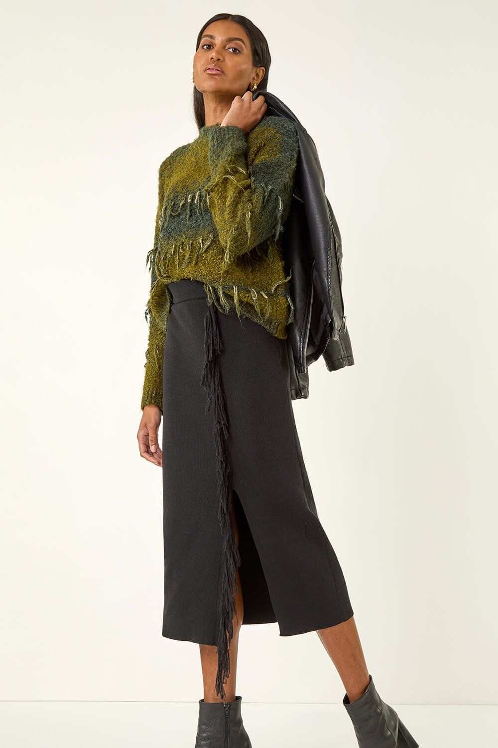 Roman Fringe Side Knit Midi Pencil Skirt