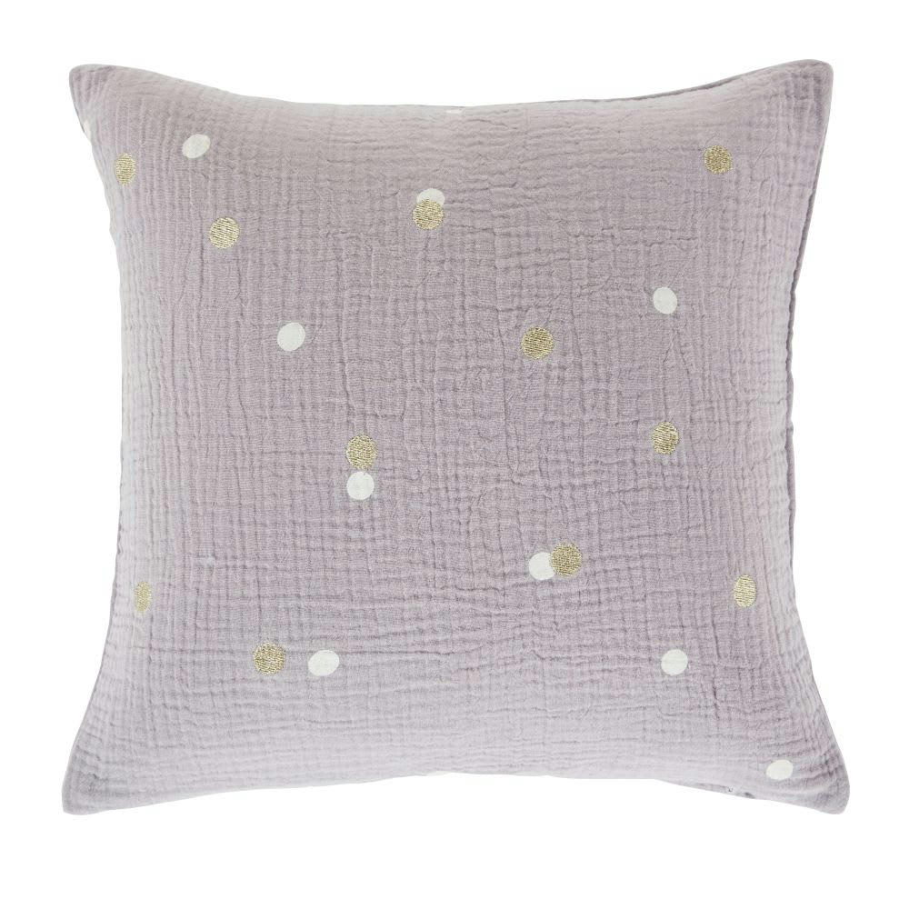 - Coussin à pois en gaze de coton doré et violet, 35x35