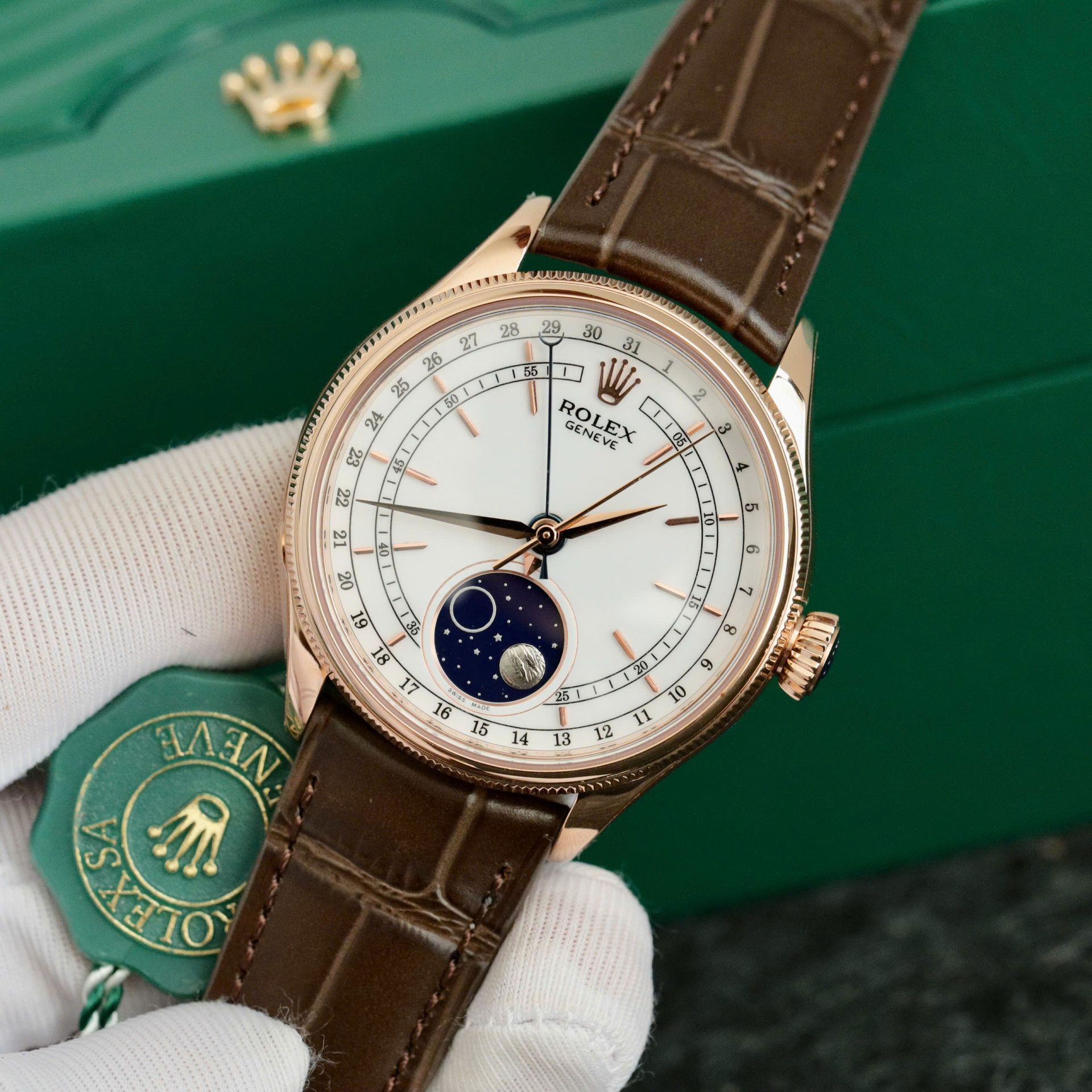 Rolex Cellini 50535-2 RG Plated White Dial 39mm Leather AAA Replica