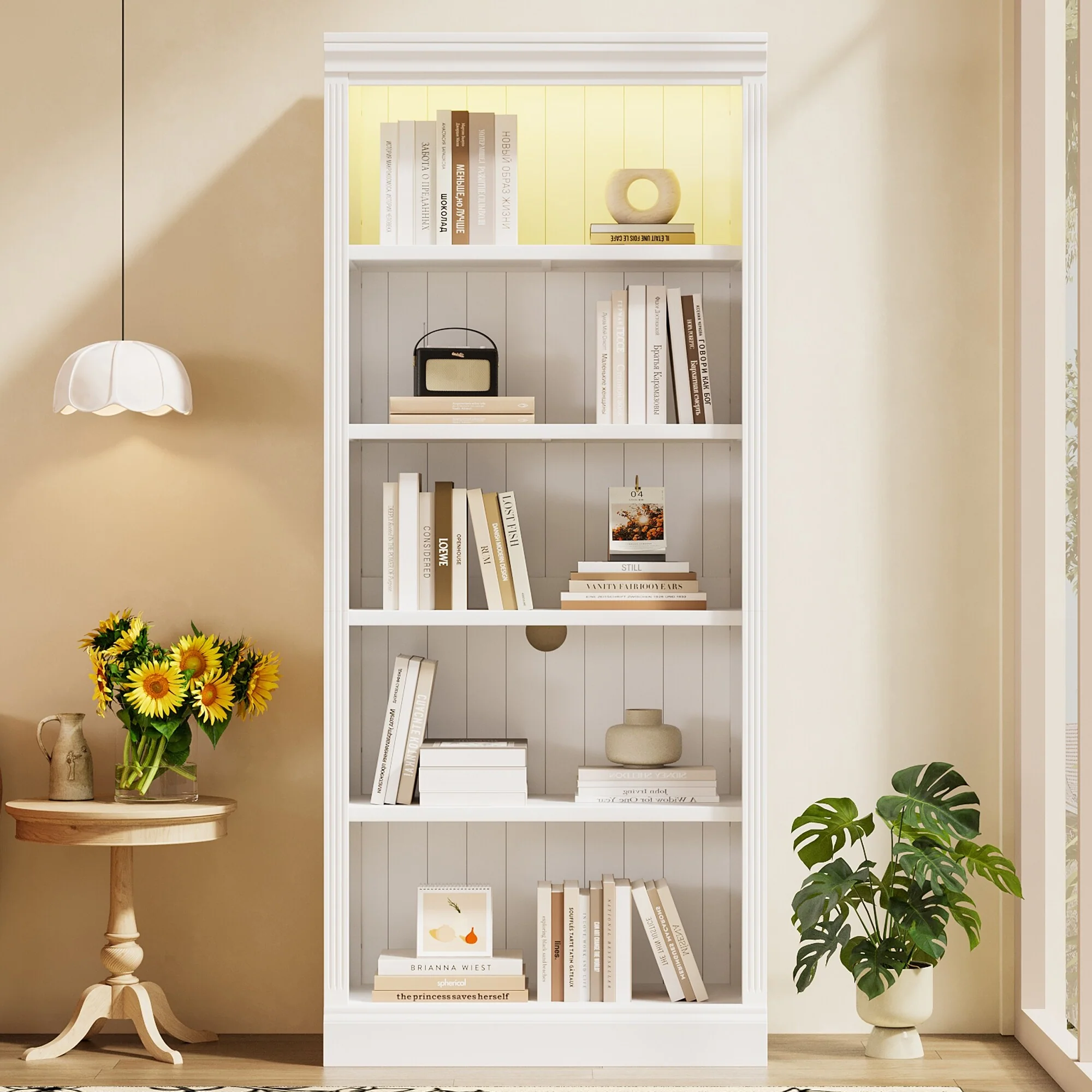 83.4Tall Wood Bookcase with light strip,5-Tier Decor Bookshelves with Adjustable Shelves,Free Standing Storage Shelves