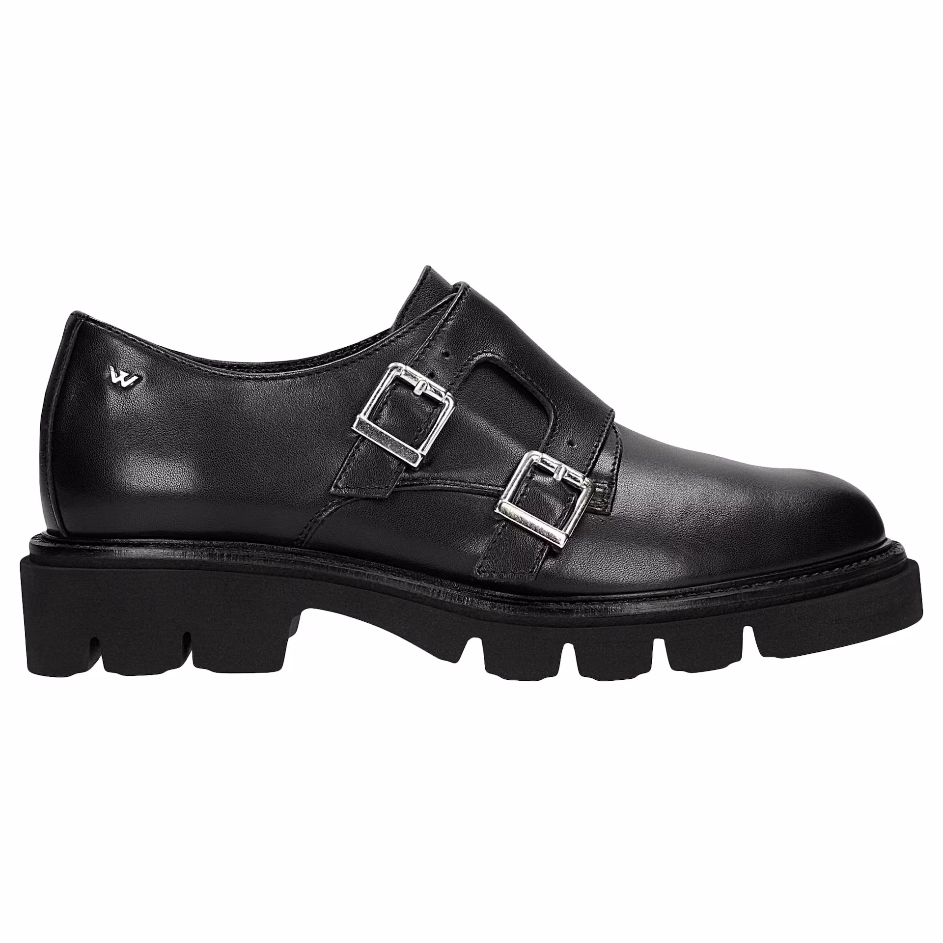 Damskie półbuty typu monk strap na traktorowej podeszwie