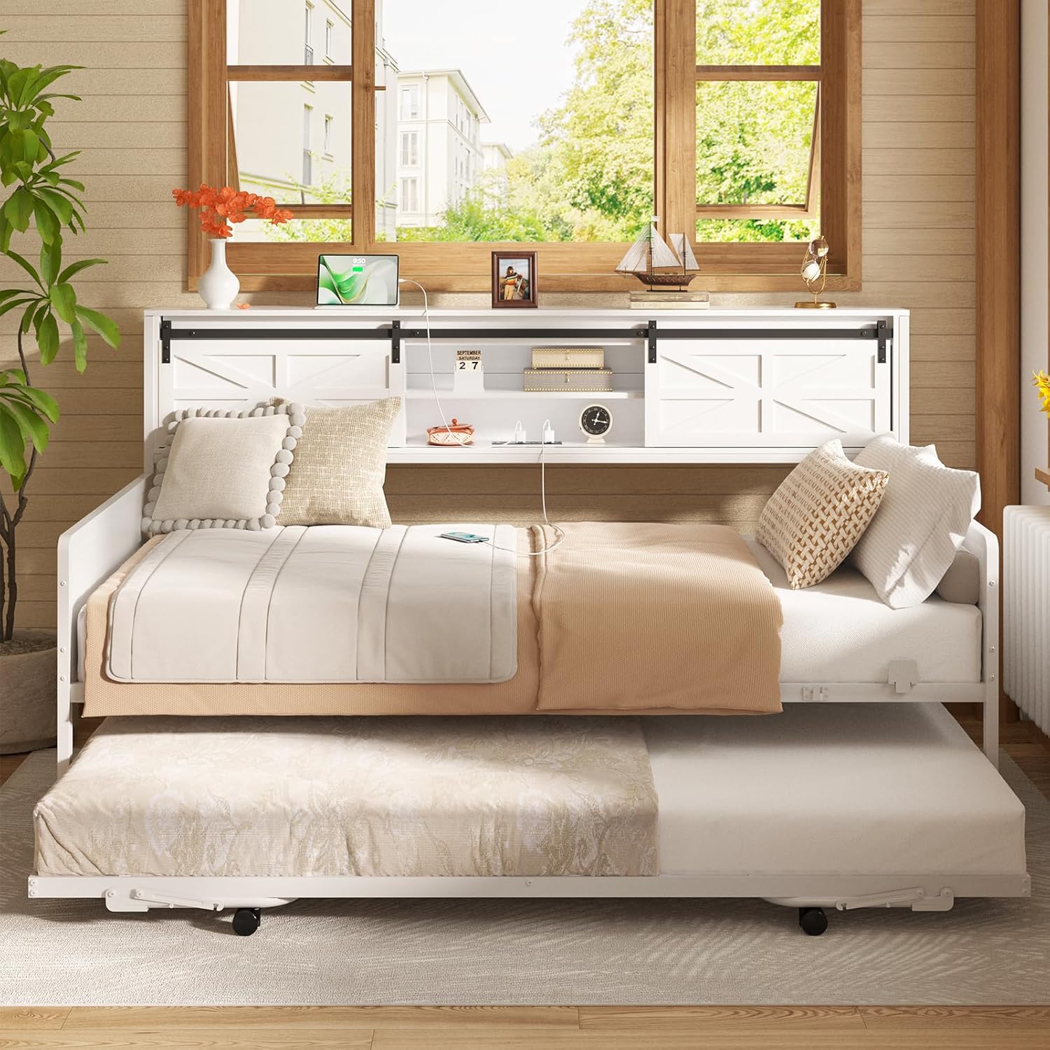 Homieasy Twin Daybed with Pop Up Trundle, Farmhouse Twin Bed with Bookcase Headboard and Charging Station, Metal Sofa Bed Frame with Barn Door Storage for Living Room, Bedroom, Guest Room, White