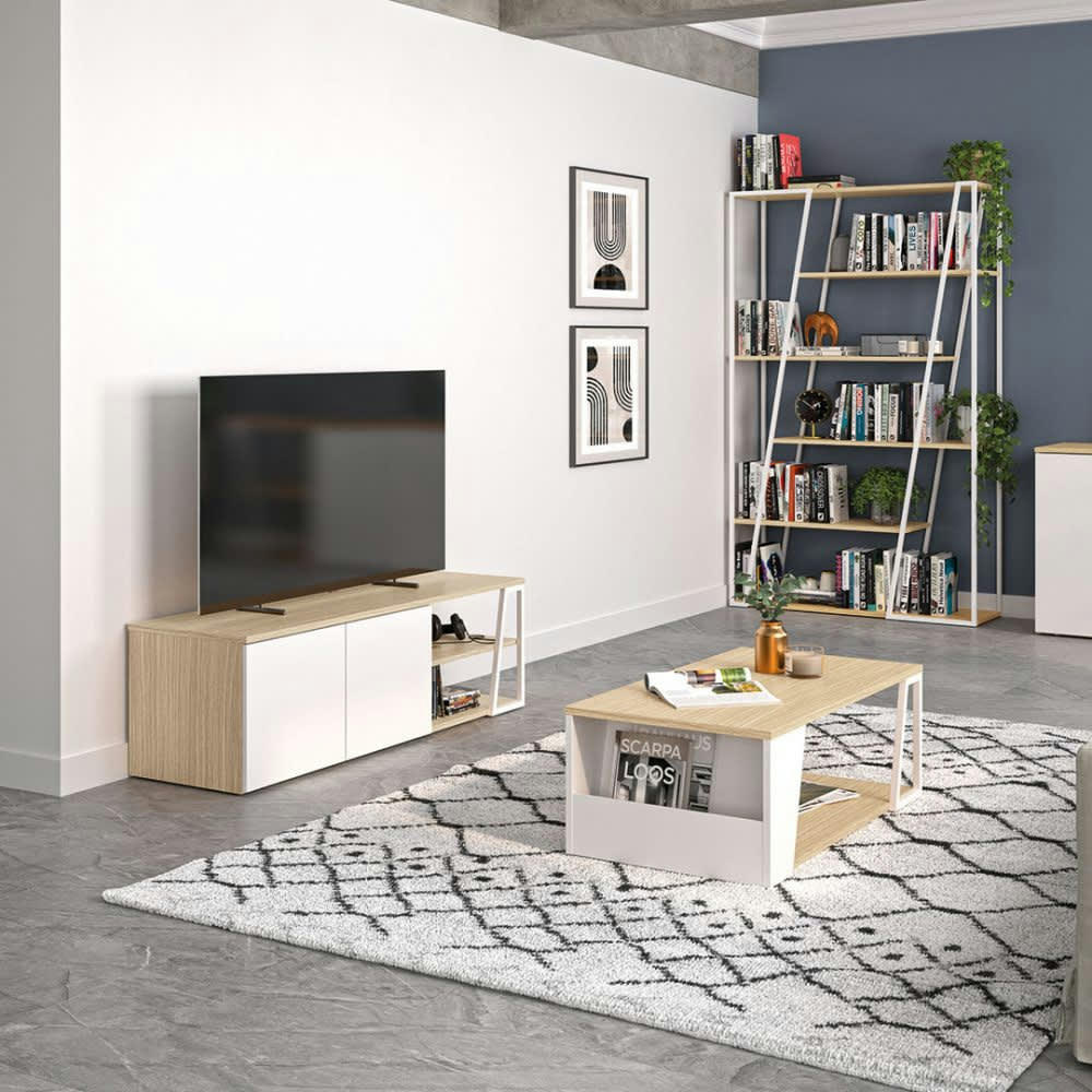 ALBI - Meuble TV  placage chêne clair et blanc laqué