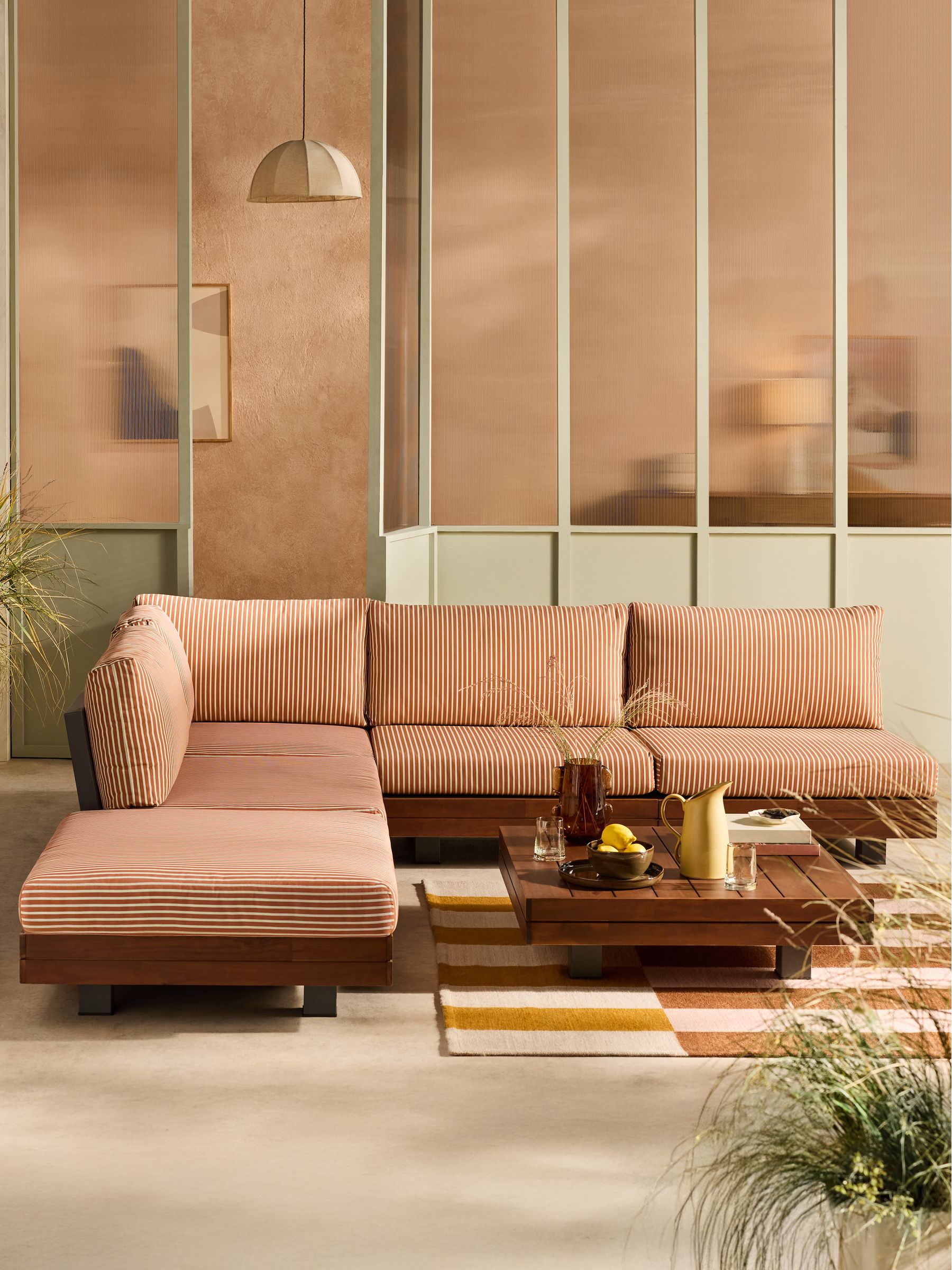 Avarna Garden Wood Corner Lounge Set in Green and Rust Stripe