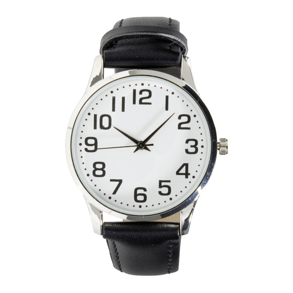 Montre homme cadran rond acier argenté bracelet simili Ø3,5xH23,5cm (2 modèles)