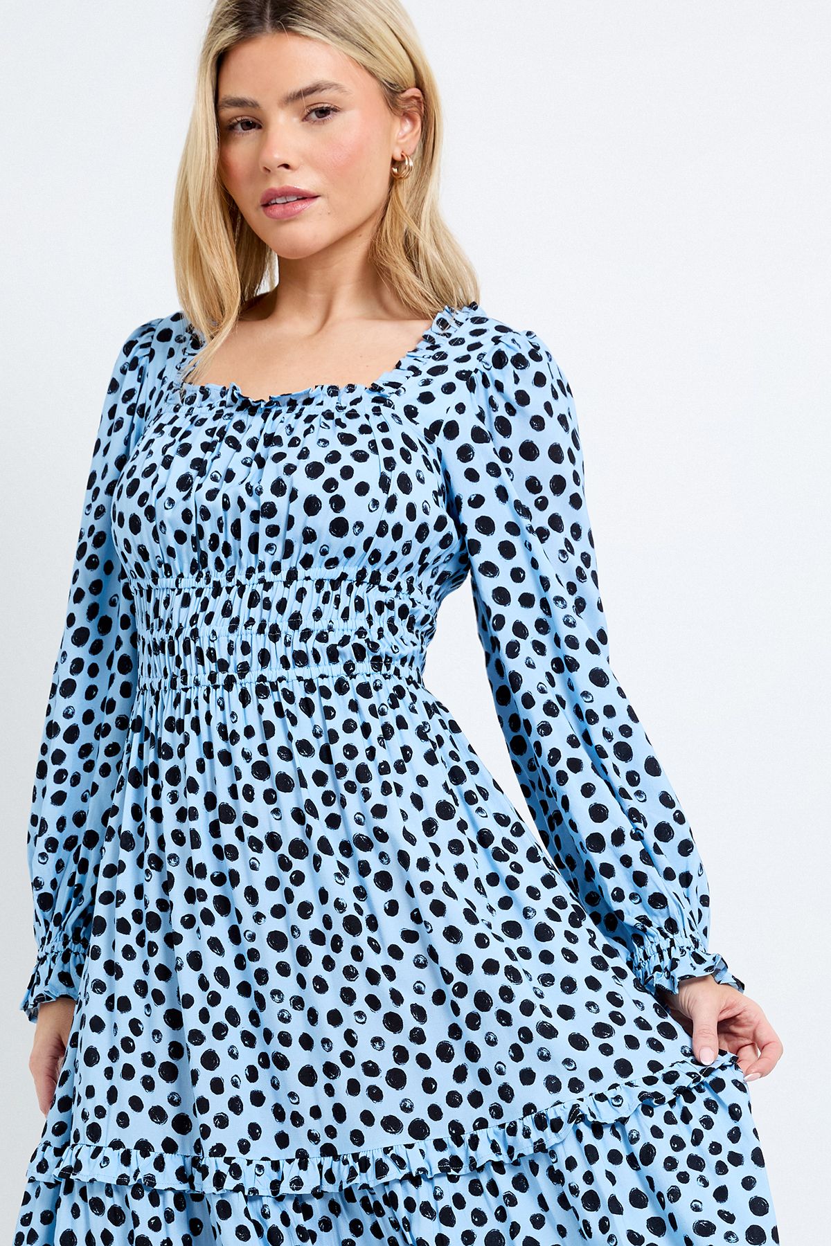 Dorothy Perkins Blue Spot Square Neck Blouson Sleeve Tiered Maxi Dress