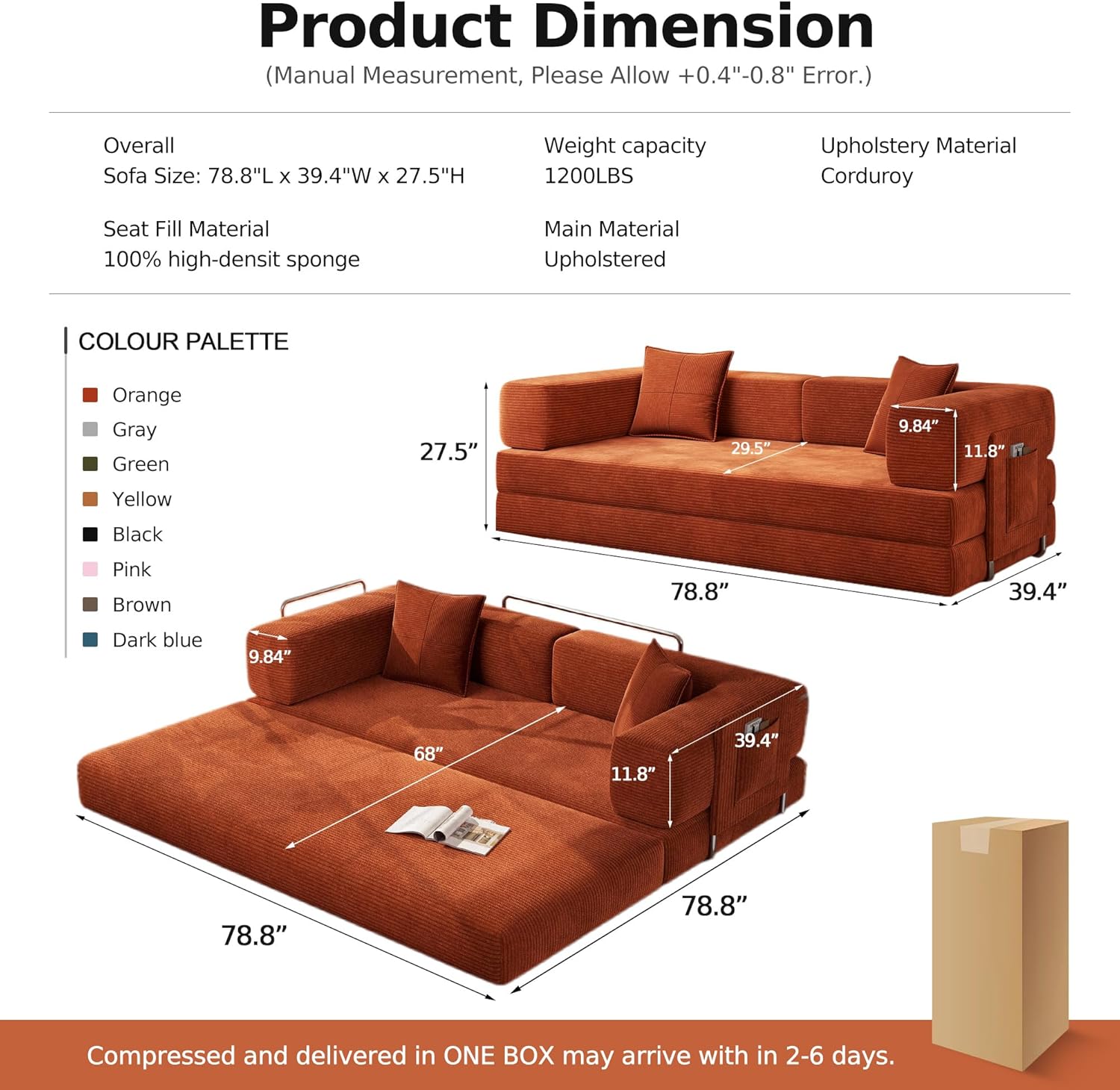 MoonSpeak 78.8''Sleeper Couch Bed for Livingroom,Convertible Modular Sofa with Armrest Pillow,Modular Foldable Corduroy Couches in a Box,No Assembly (Orange)