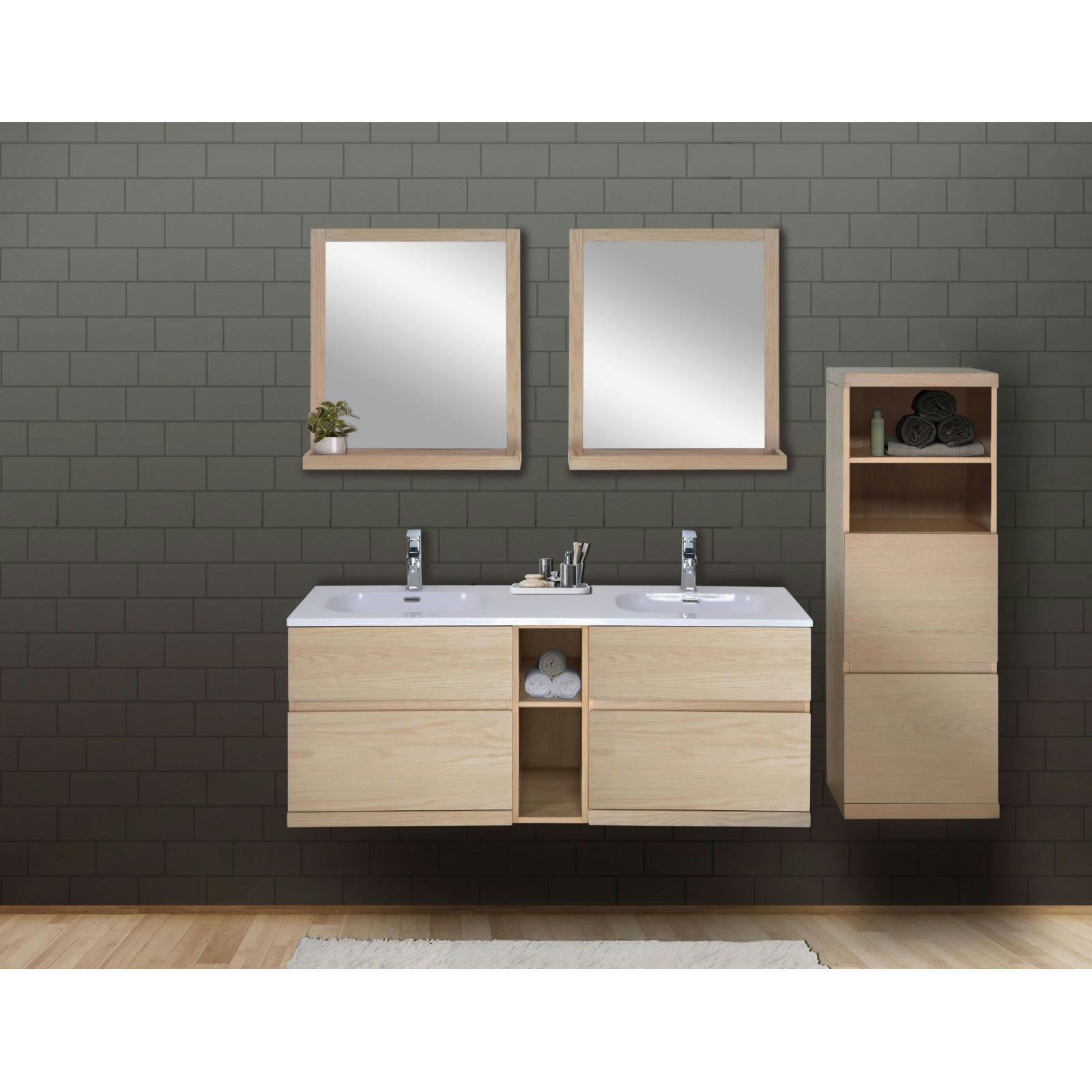 ENIO - Meuble sous vasque chêne avec plan résine  140cm + miroir + colonne