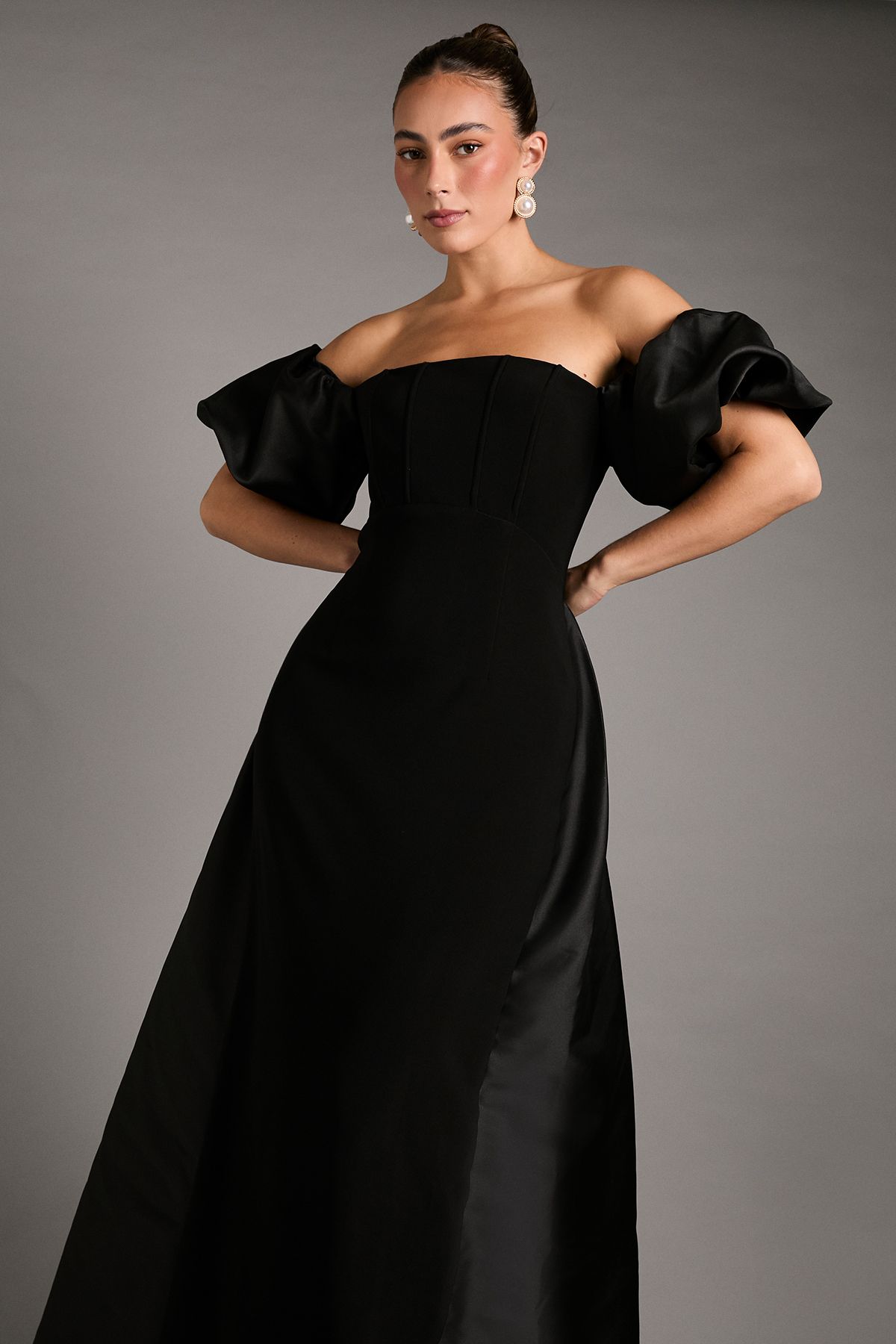 Coast Bardot Puff Sleeve Strapless Maxi Dress with Full Skirt Back Detail