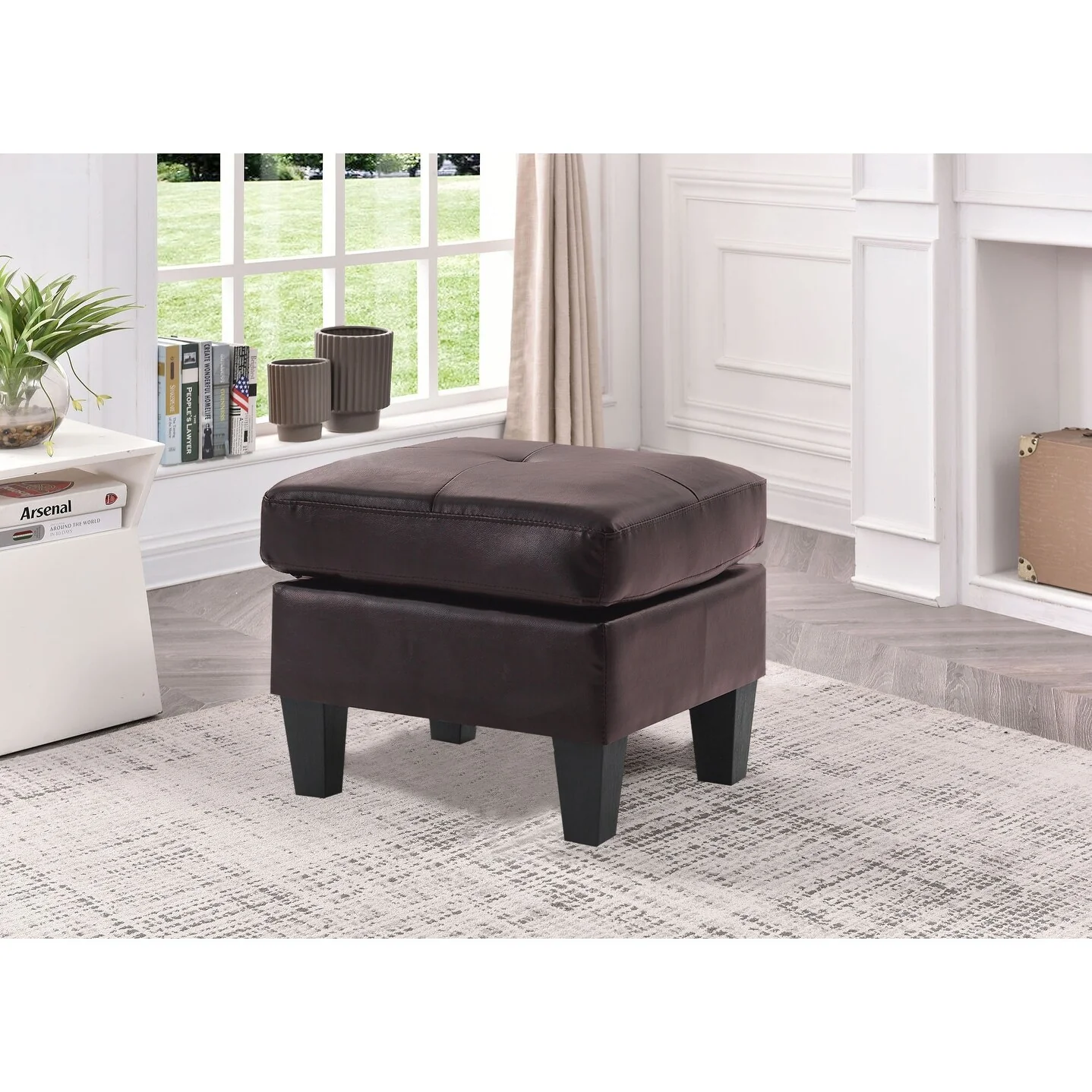 Faux Leather Upholstered Tufted Ottoman - 23 - Dark Brown
