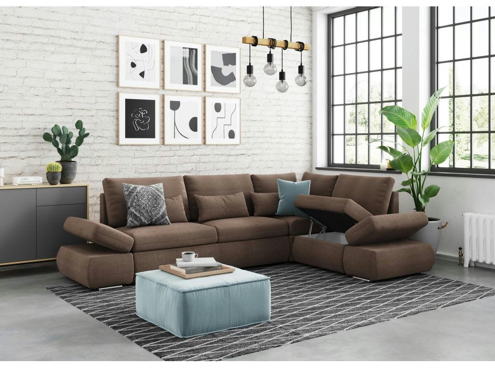 SEBASTIAN - Canapé d'angle réversible, convertible avec coffre - Marron