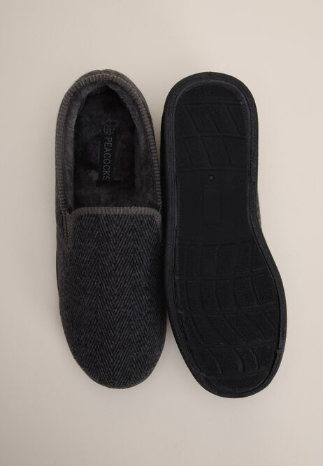 Mens Grey Herringbone Closed Back Slippers
