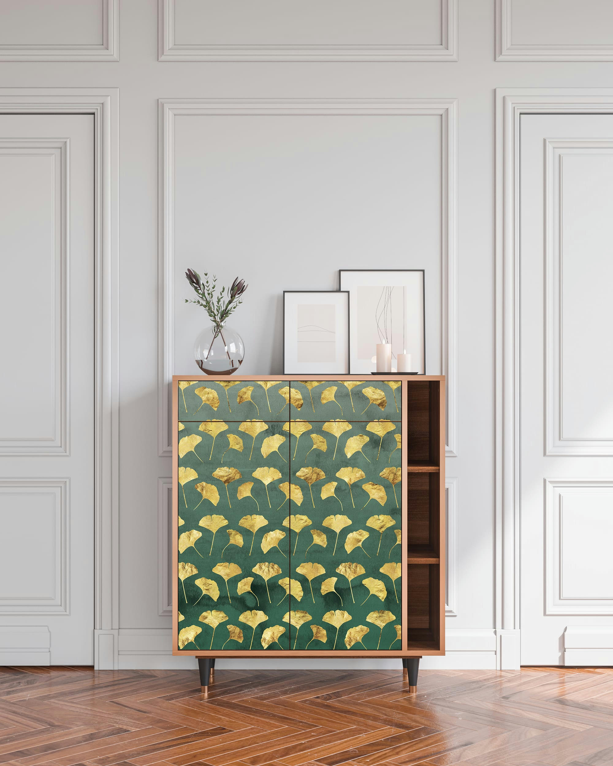 GINGKO LEAVES - Buffet  vert et jaune 2 tiroirs et 2 portes L 94 cm