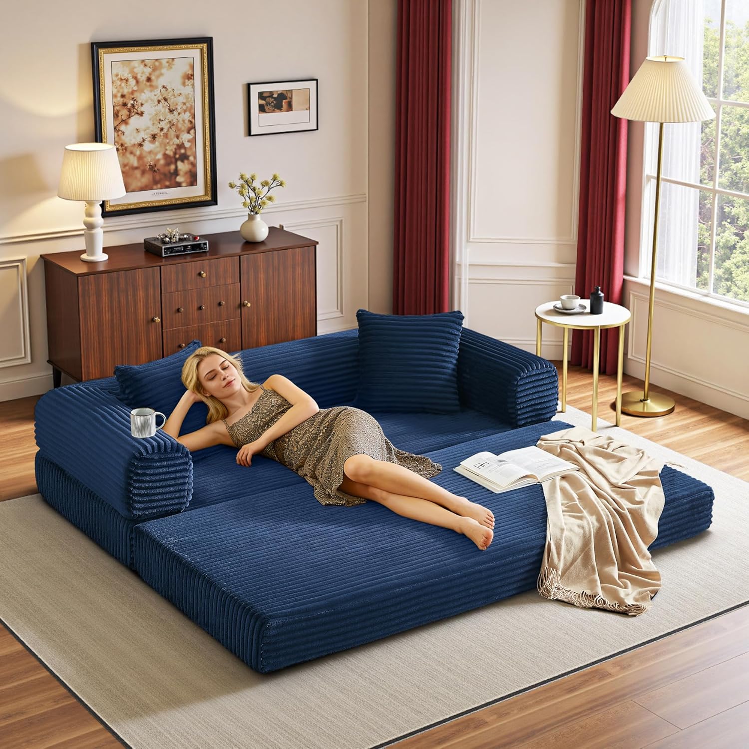 Boneless Couch Versatile Couches for Living Room No-Install Sofa Bed Corduroy Futon Soft Cloud Couch with Pillows for Bedroom Game Movie (Dark Blue, 76)
