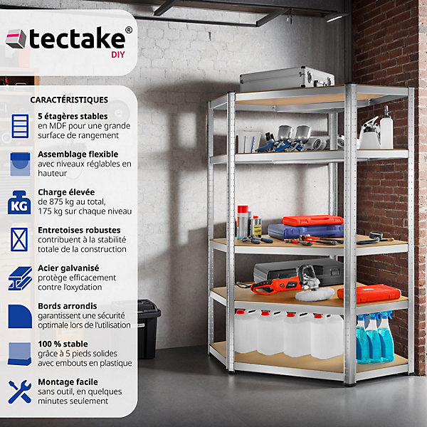 Etagère charge lourde d'angle plateau en acier 180x89,5x89,5 cm