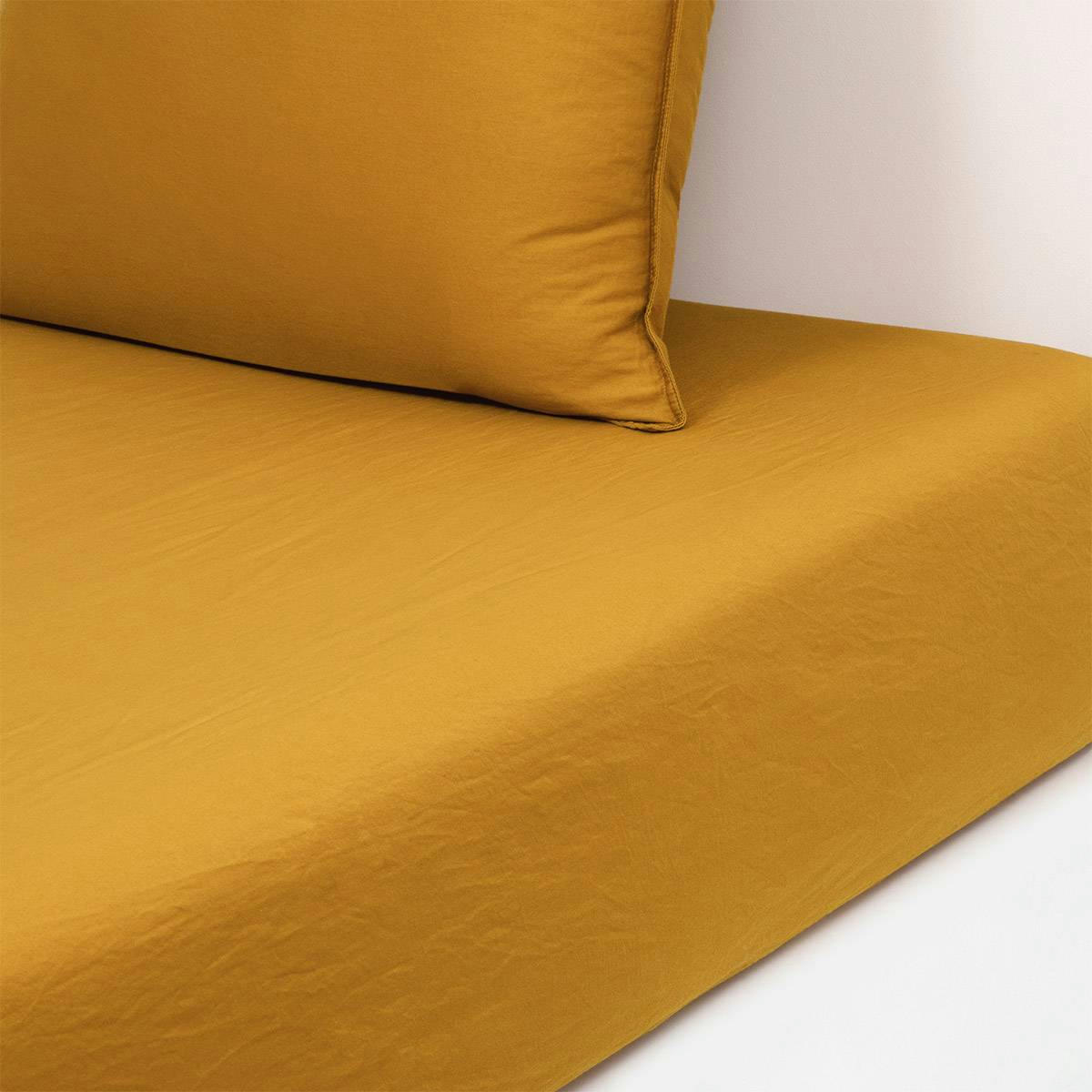 PALERME - Drap housse en satin de coton lavé jaune 90 x 200 cm