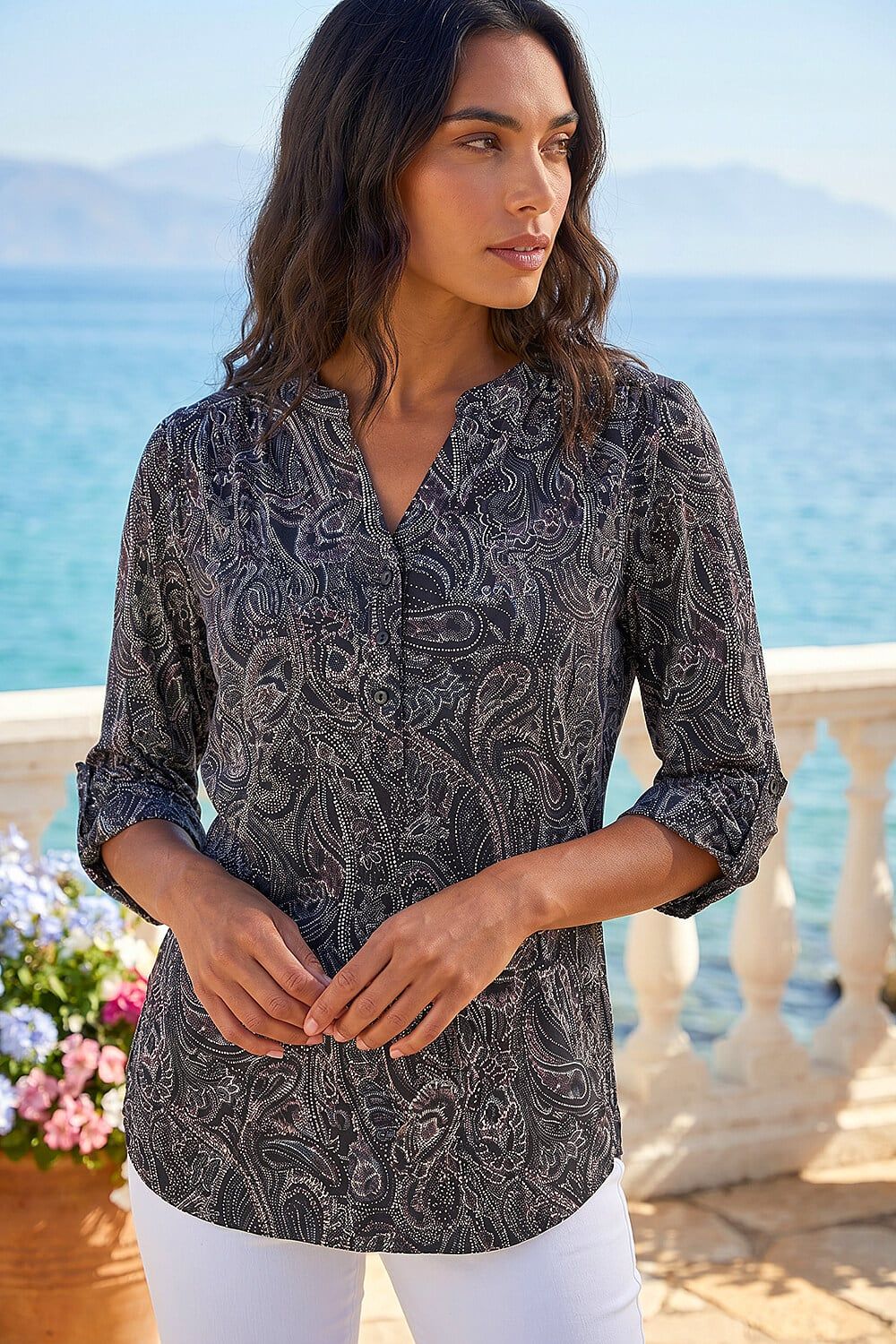 Roman Textured Paisley Print Stretch Blouse
