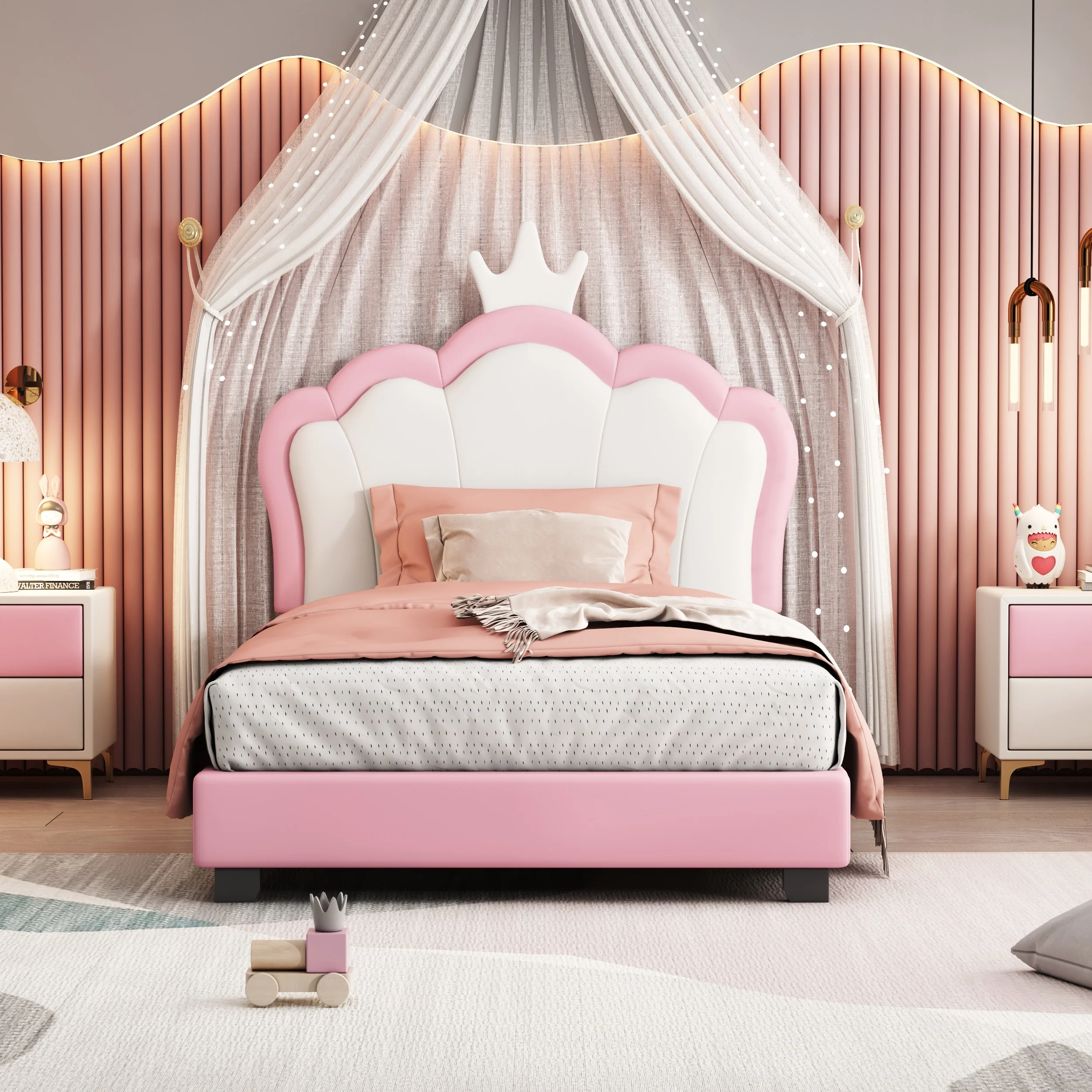 PU Upholstered Princess Bed with Crown Headboard, Platform Bed with Headboard and Footboard, White+pink