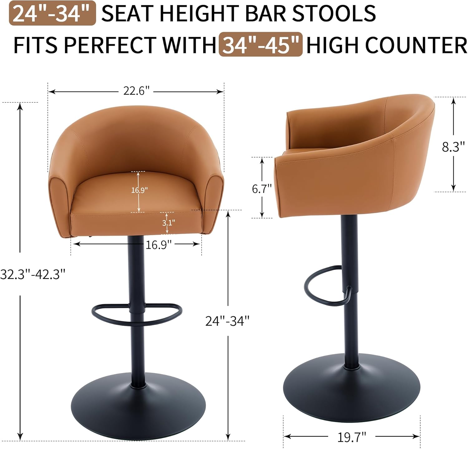 Bar Stools Set of 4, Swivel Counter Height Barstools with Back and Arms, Adjustable Faux Leather Bar Chair, Upholstered Island Stool for Bar, Kitchen, Counter (Caramel Brown, Set of 4)