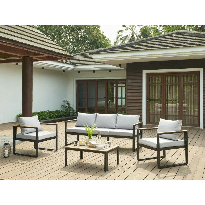 ELONA - Salon de jardin 5 places en aluminium coloris gris clair avec housse