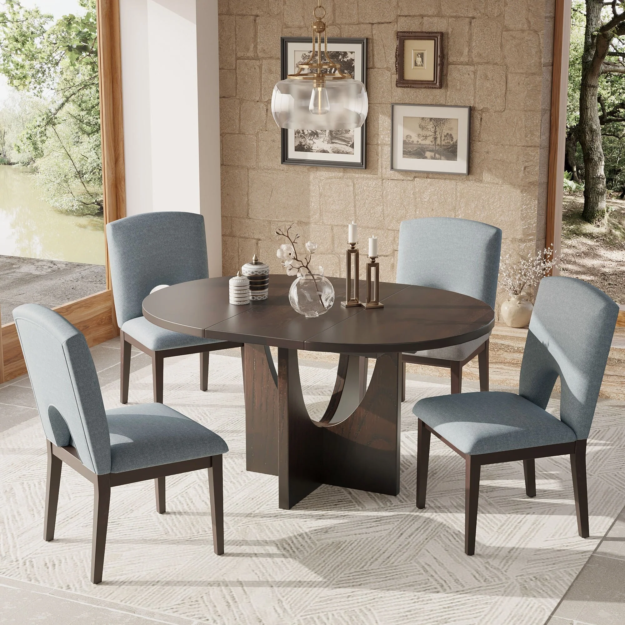 Roomfitters Modern 5-Piece Extendable Round Dining Table Set with Removable Leaf